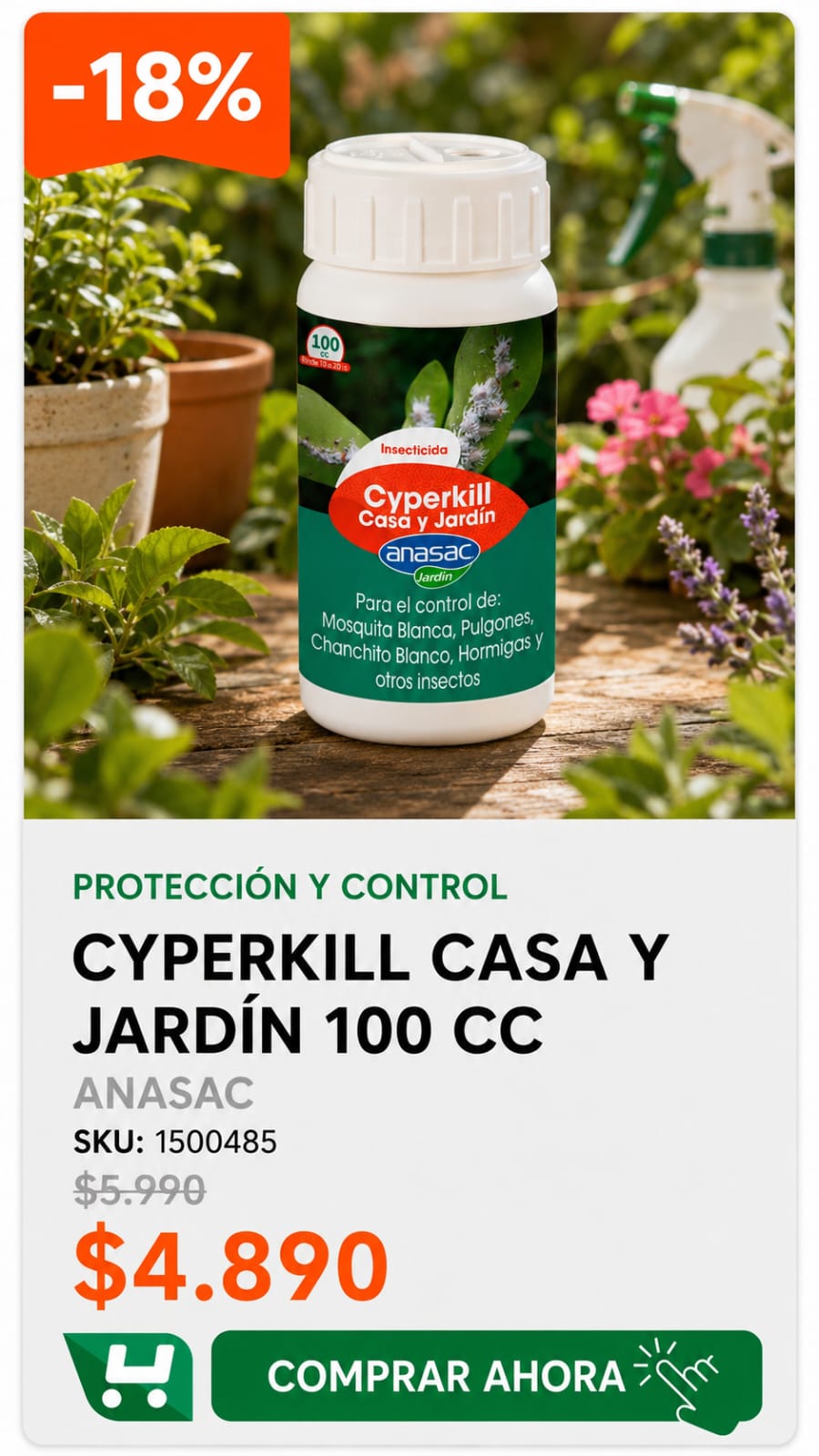 Cyperkill Casa y Jardín 100 cc · SKU 1500485 · Insecticida de baja toxicidad para plagas del jardín y de la casa · Homevan
