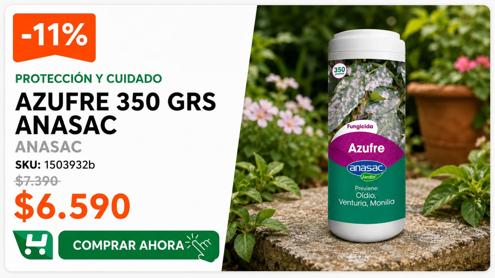 Azufre 350 grs Anasac · SKU 1503932b · Azufre fungicida en polvo para prevenir el oídio antes del calor · Homevan