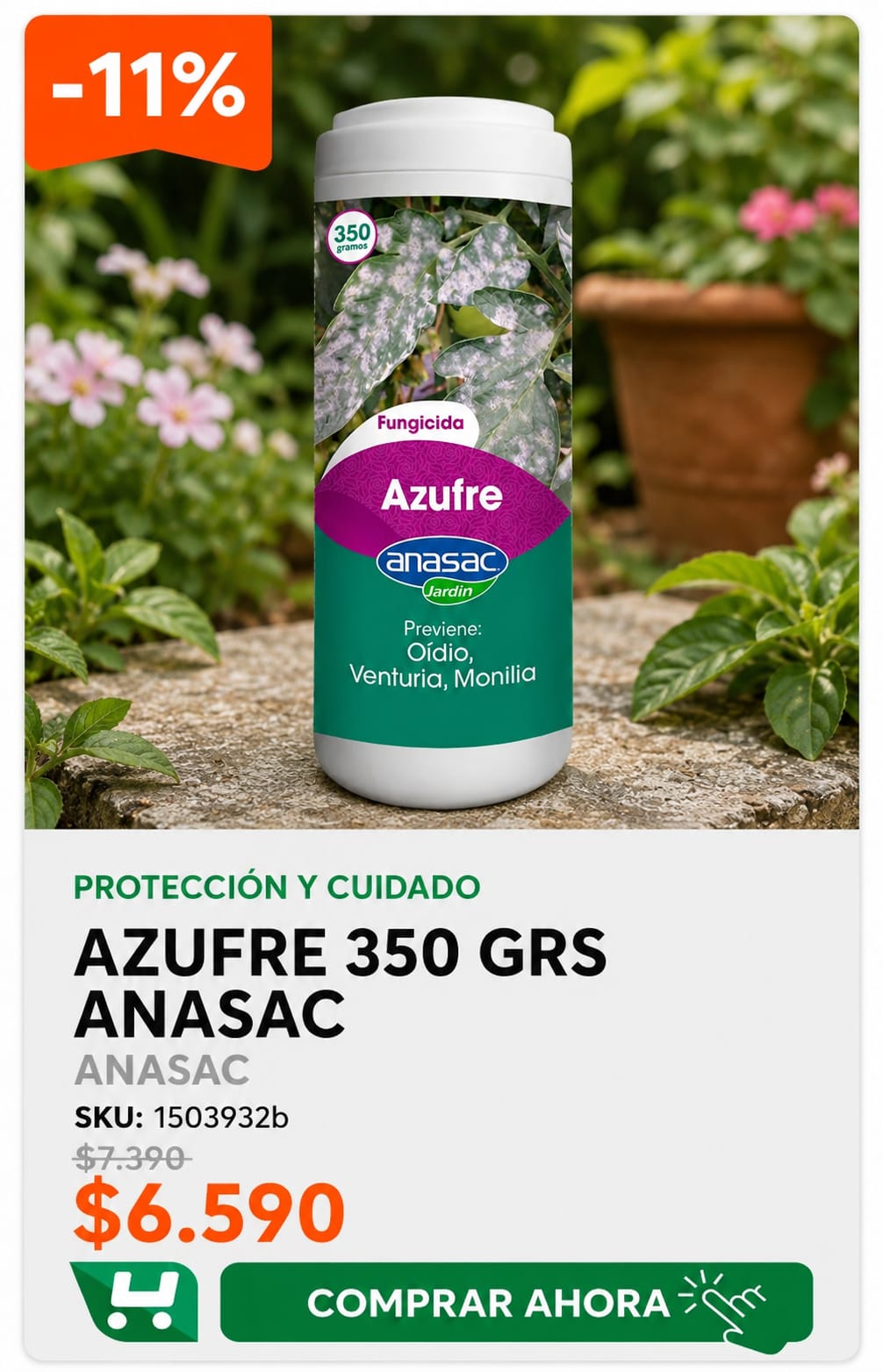 Azufre 350 grs Anasac · SKU 1503932b · Azufre fungicida en polvo para prevenir el oídio antes del calor · Homevan