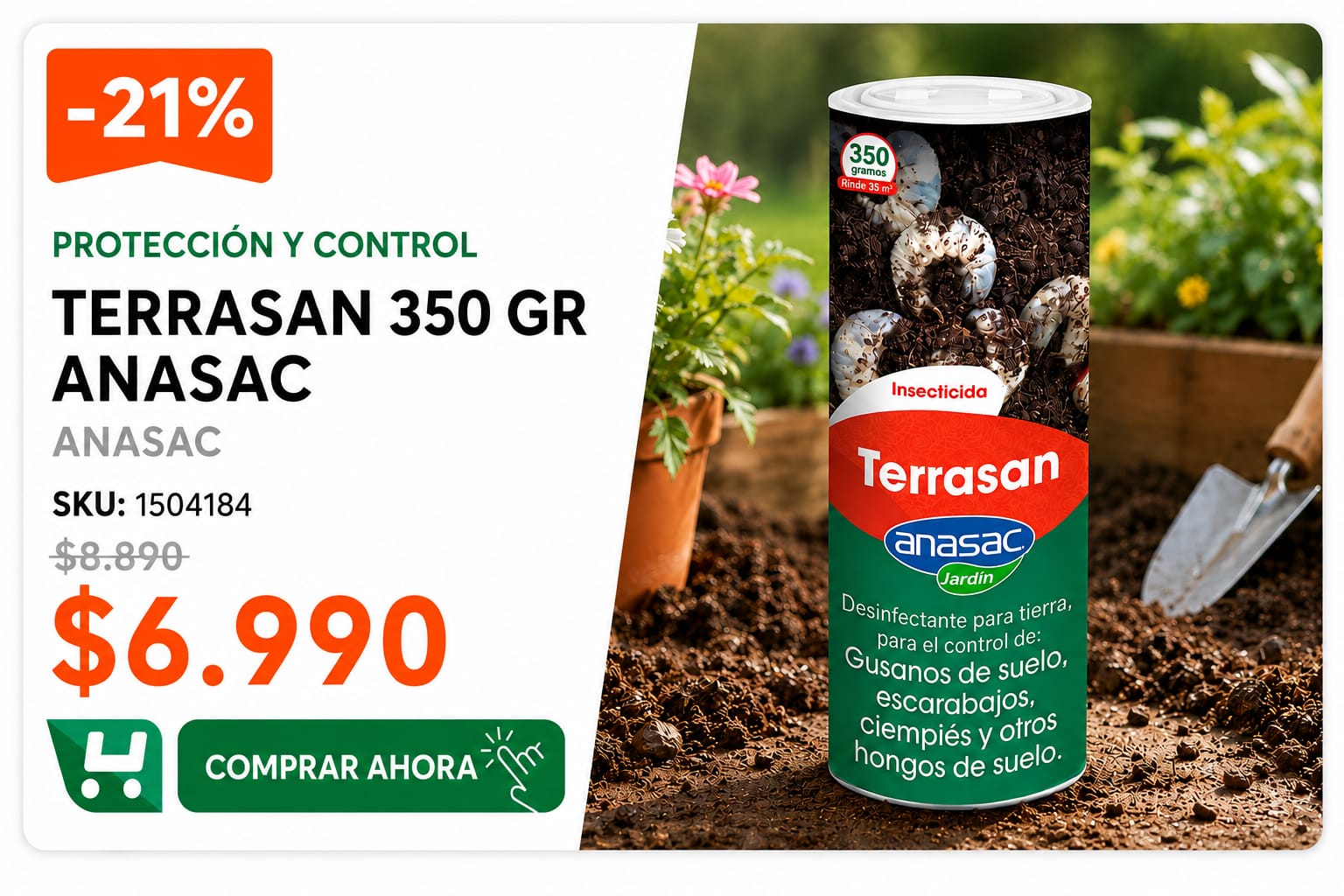 Terrasan 350 gr · SKU 1504184 · Control de gusano blanco, gusano alambre y ciempiés bajo tierra · Homevan