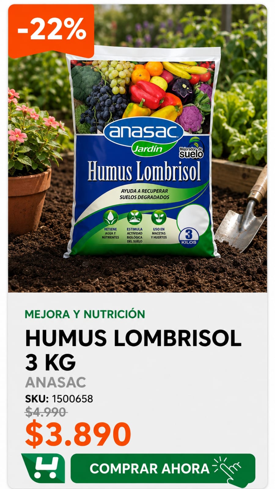 Humus Lombrisol 3 kg · SKU 1500658 · Mejorador natural que recupera suelo degradado y retiene agua y nutrientes · Homevan