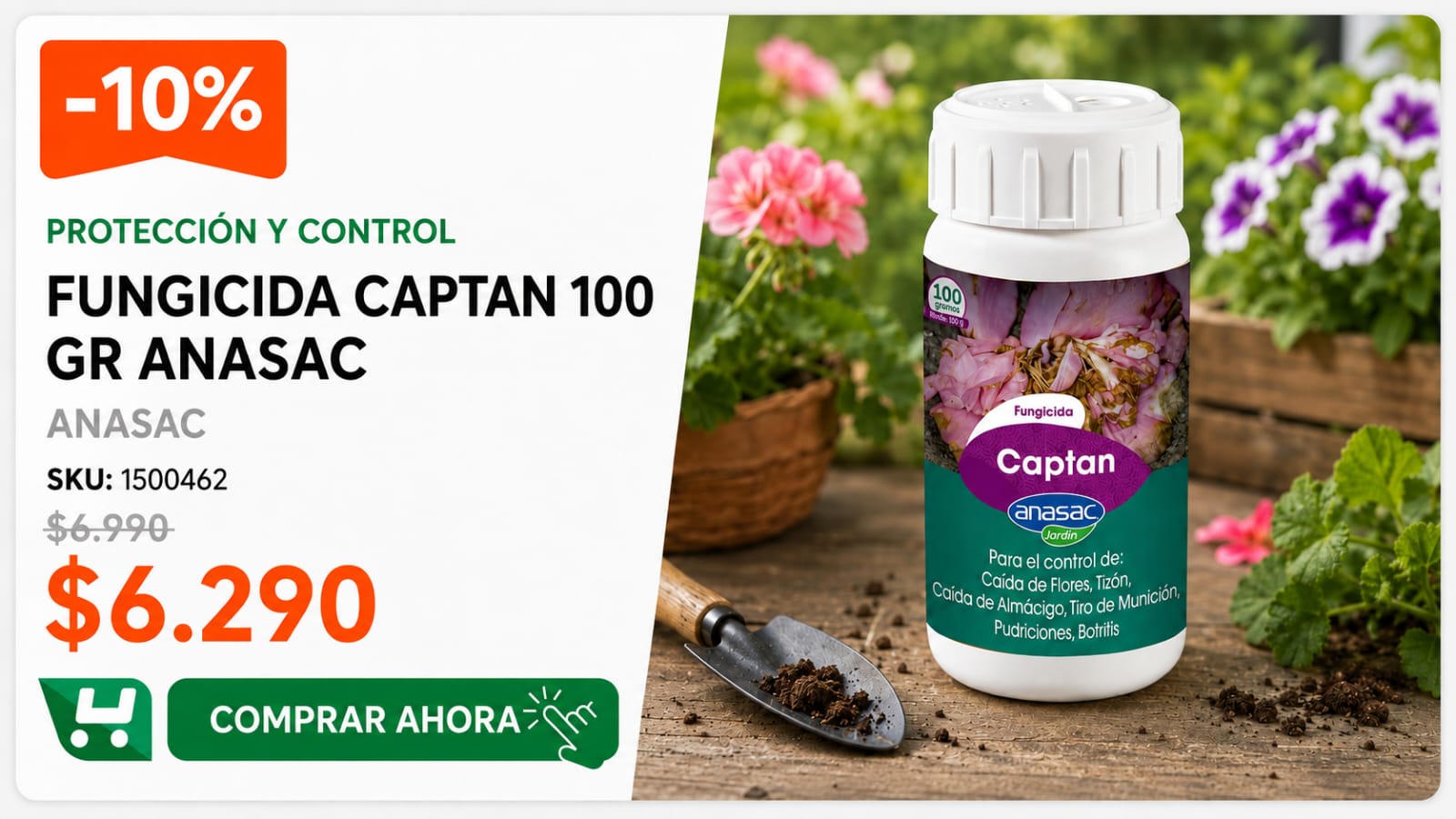 Fungicida Captan 100 gr Anasac · SKU 1500462 · Fungicida contra hongos de suelo y follaje en ornamentales y hortalizas · Homevan