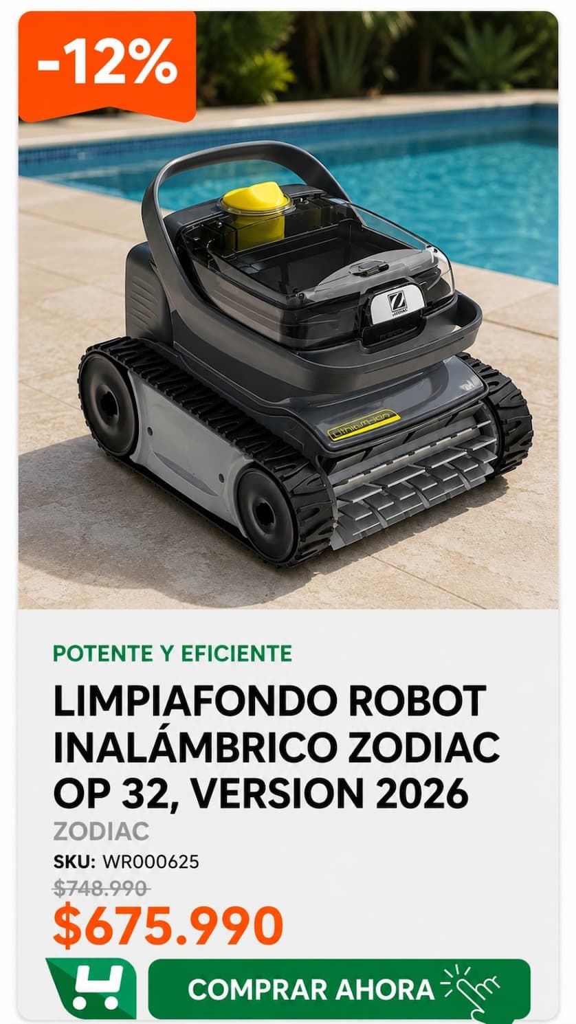 Limpiafondo Robot Inalámbrico Zodiac Op 32, Version 2026 · SKU WR000625 · Robot inalámbrico Zodiac para limpieza de piscina · Homevan