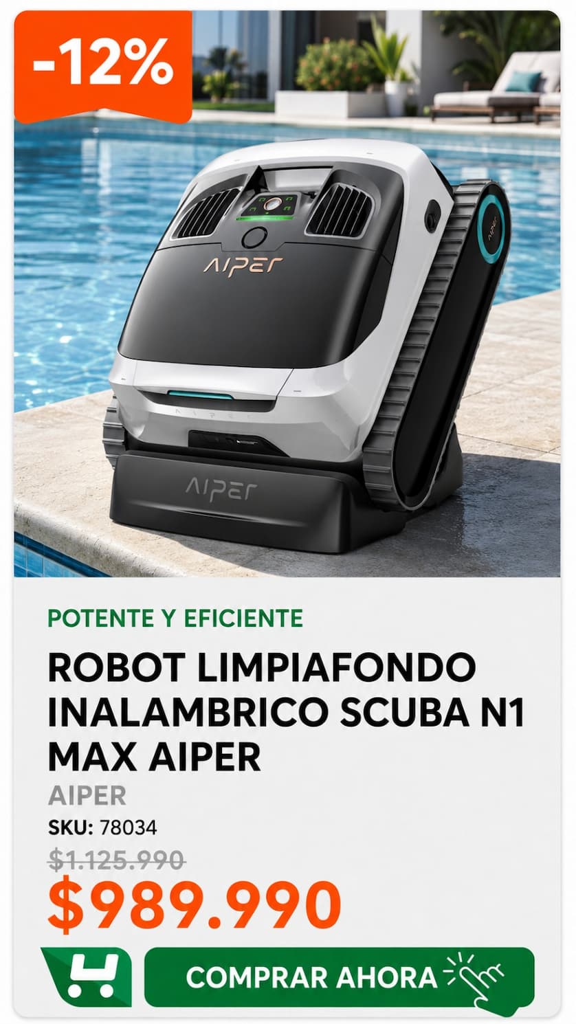 Robot Limpiafondo Inalambrico Scuba N1 Max Aiper · SKU 78034 · Robot inalámbrico sin cables ni manguera para limpieza de piscina · Homevan