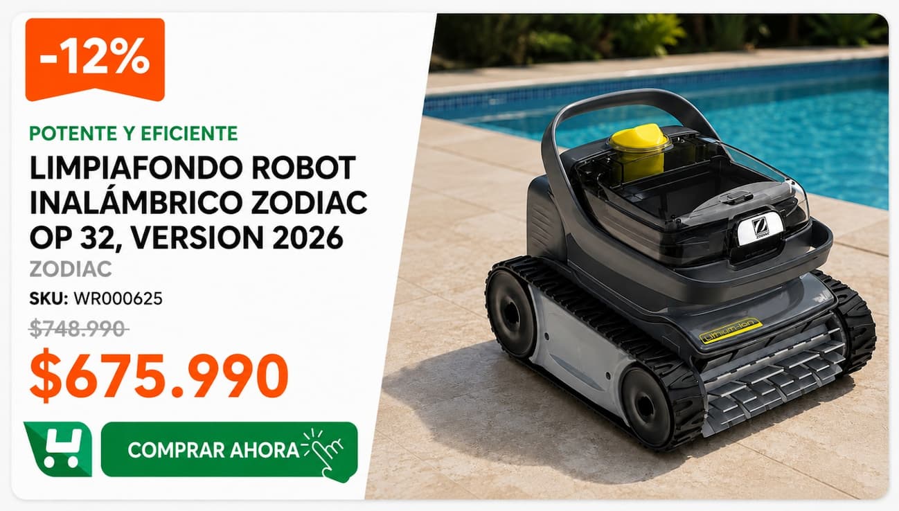 Limpiafondo Robot Inalámbrico Zodiac Op 32, Version 2026 · SKU WR000625 · Robot inalámbrico Zodiac para limpieza de piscina · Homevan
