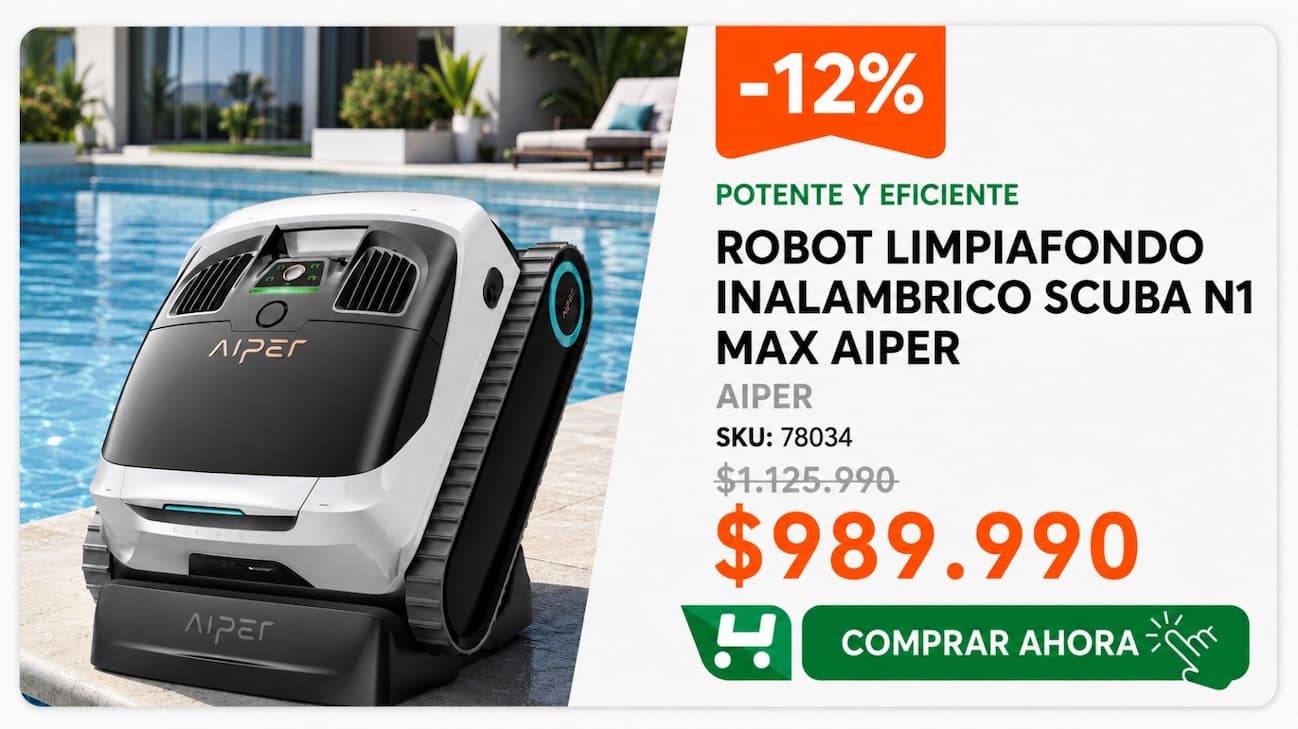 Robot Limpiafondo Inalambrico Scuba N1 Max Aiper · SKU 78034 · Robot inalámbrico sin cables ni manguera para limpieza de piscina · Homevan