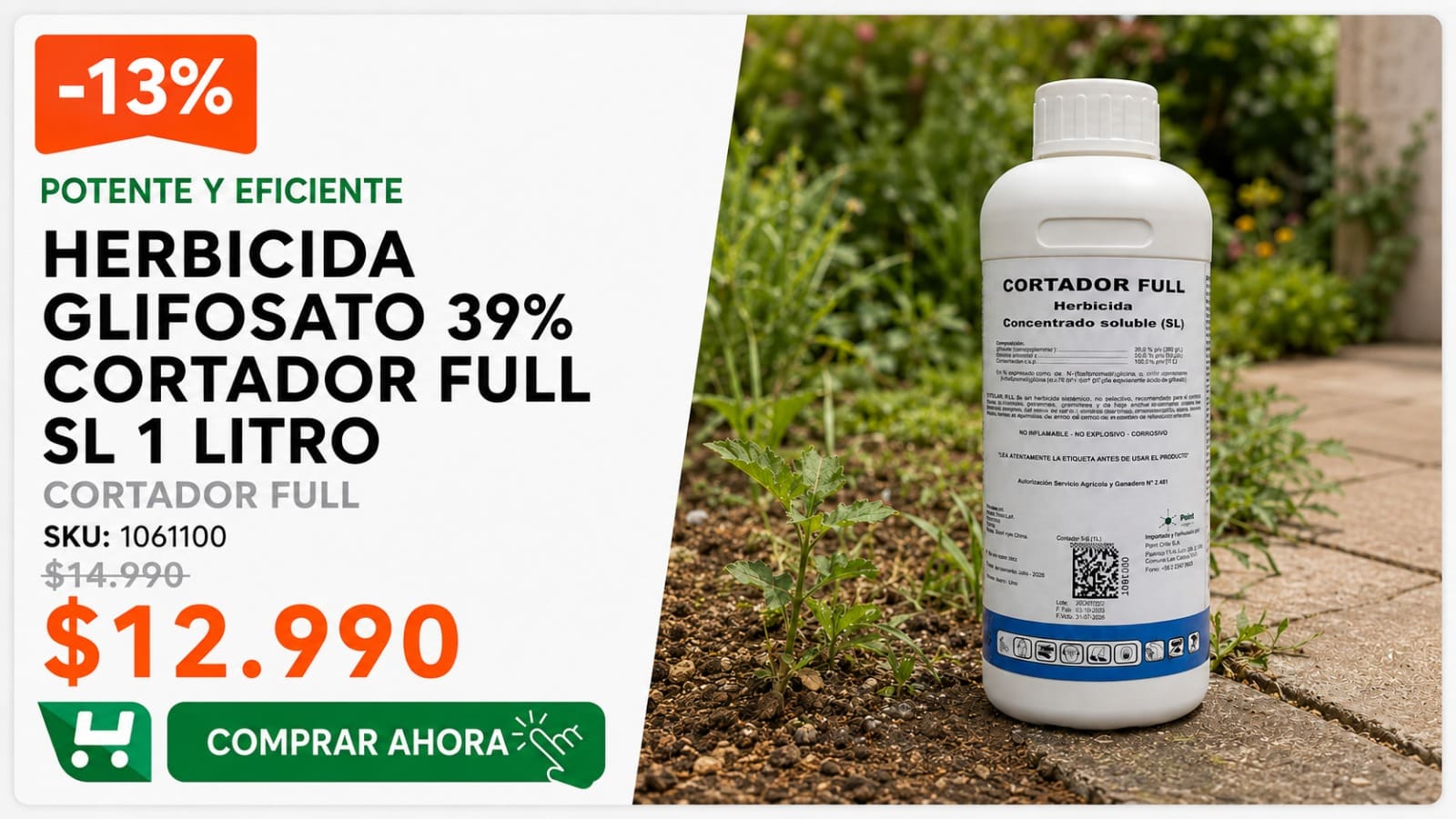 Herbicida Glifosato 39% Cortador Full SL 1 Litro · SKU 1061100 · Glifosato 39% de potasio que llega hasta la raíz de la maleza difícil. · Homevan