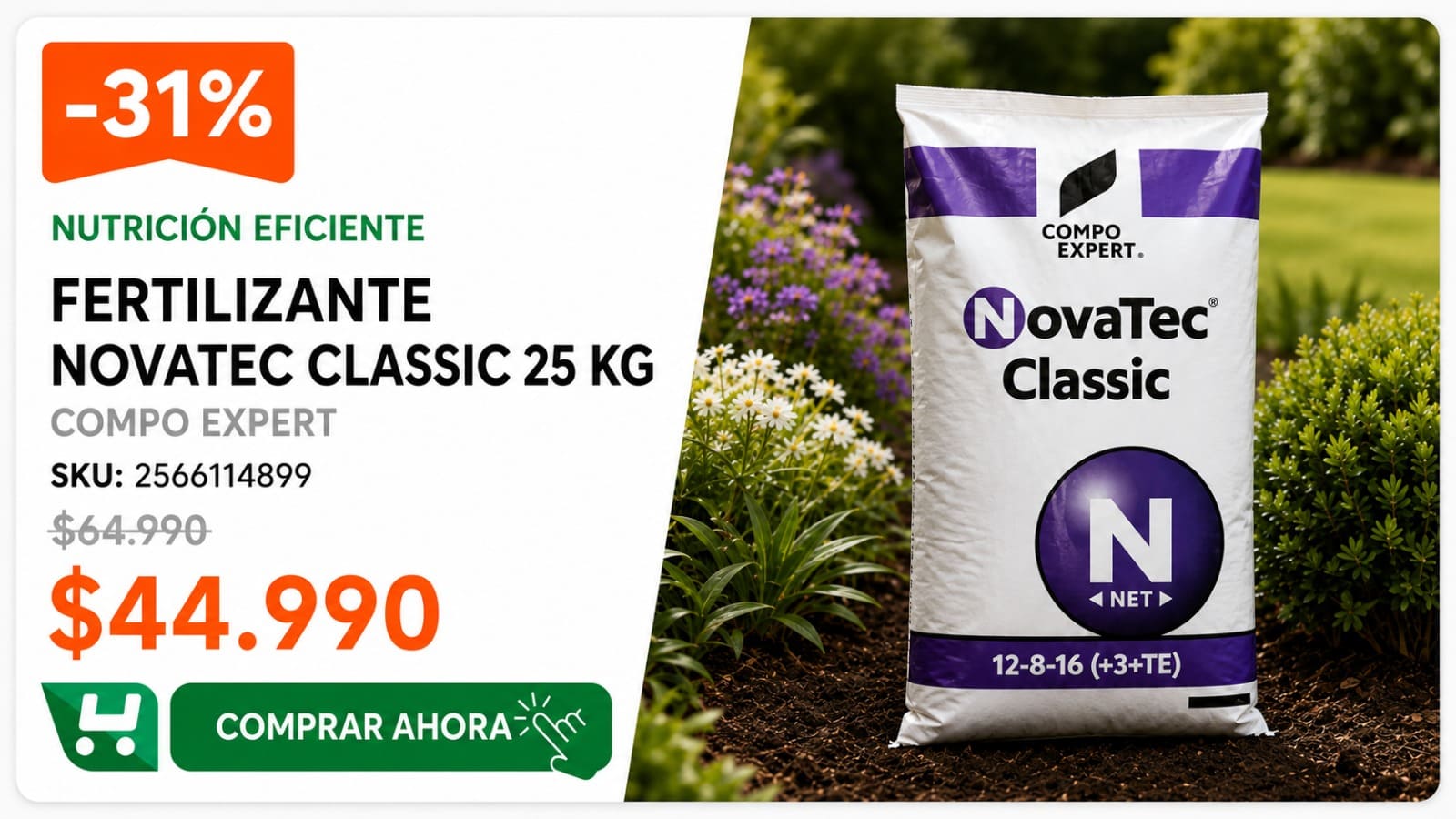 Novatec Classic 25 kg COMPO EXPERT · SKU 2566114899 · NPK 12-8-16 (+3+TE) para cultivos con alta demanda de potasio. · Homevan