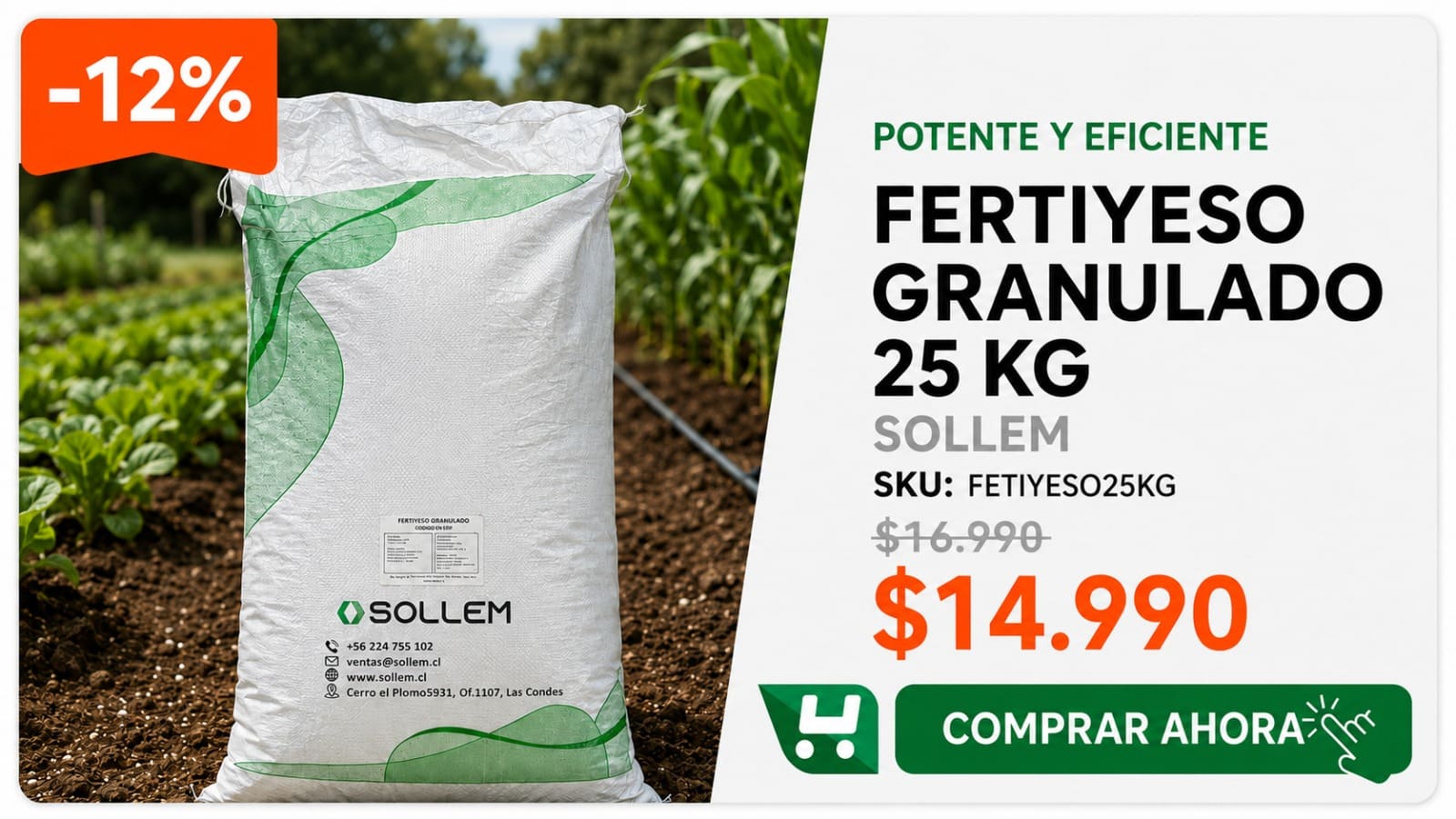 Fertiyeso granulado 25 kg · SKU FETIYESO25KG · Descompacta el suelo apelmazado y aporta calcio y azufre. · Homevan