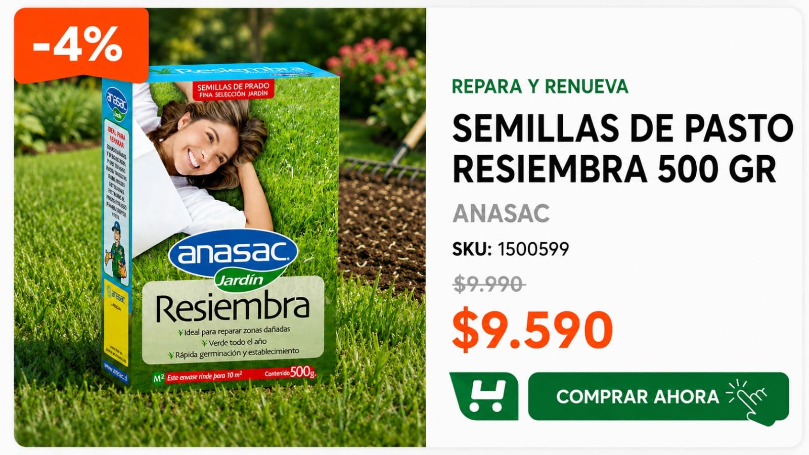 Semillas de pasto Resiembra 500 gr · SKU 1500599 · Lolium para resembrar prados en malas condiciones y cubrir las peladas del invierno. · Homevan