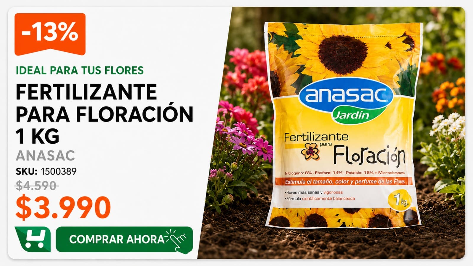 Ferilizante para floración 1 kg Anasac · SKU 1500389 · Mejora la producción, el color y el perfume de las flores. · Homevan