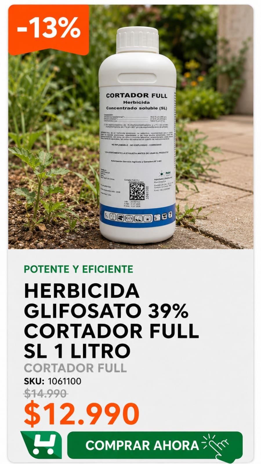 Herbicida Glifosato 39% Cortador Full SL 1 Litro · SKU 1061100 · Glifosato 39% de potasio que llega hasta la raíz de la maleza difícil. · Homevan