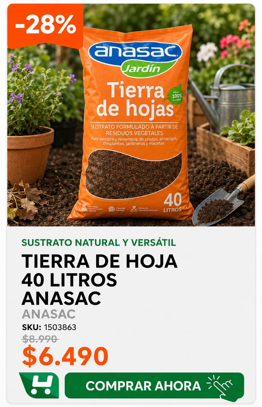 Tierra de Hoja 40 litros Anasac · SKU 1503863 · Sustrato de hojas compostadas que mejora cualquier suelo. · Homevan