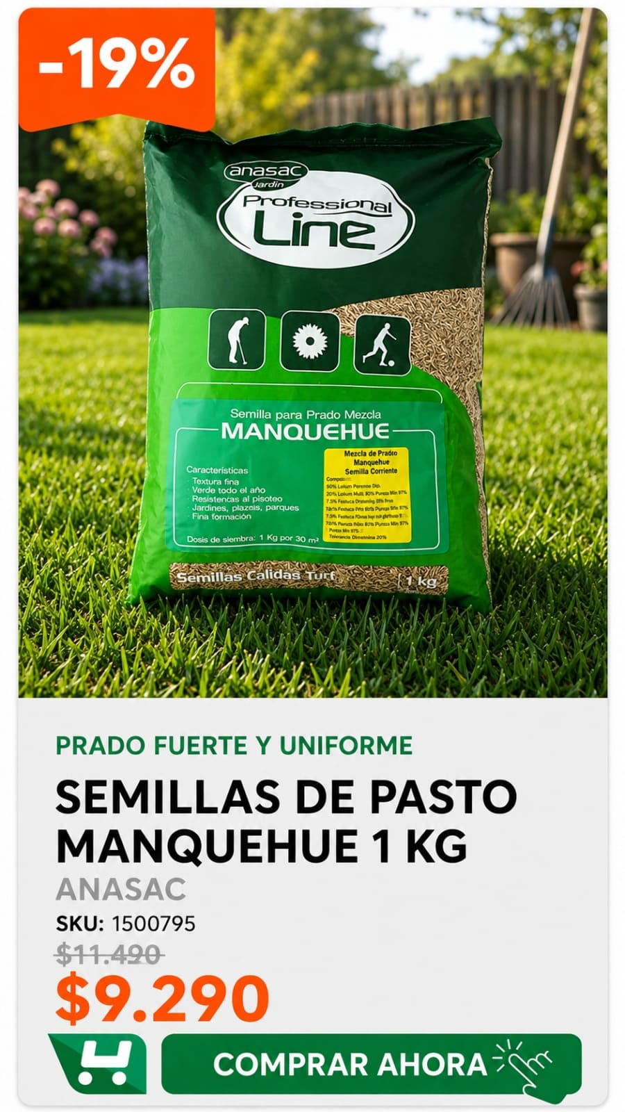 Semillas de pasto Manquehue 1 kg · SKU 1500795 · Tres gramíneas finas que se mantienen verdes todo el año. · Homevan