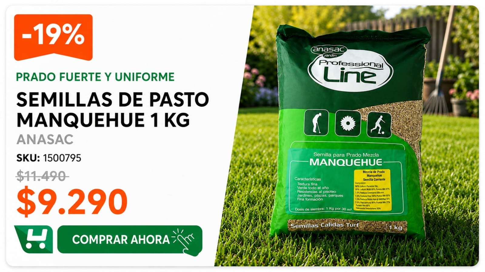 Semillas de pasto Manquehue 1 kg · SKU 1500795 · Tres gramíneas finas que se mantienen verdes todo el año. · Homevan