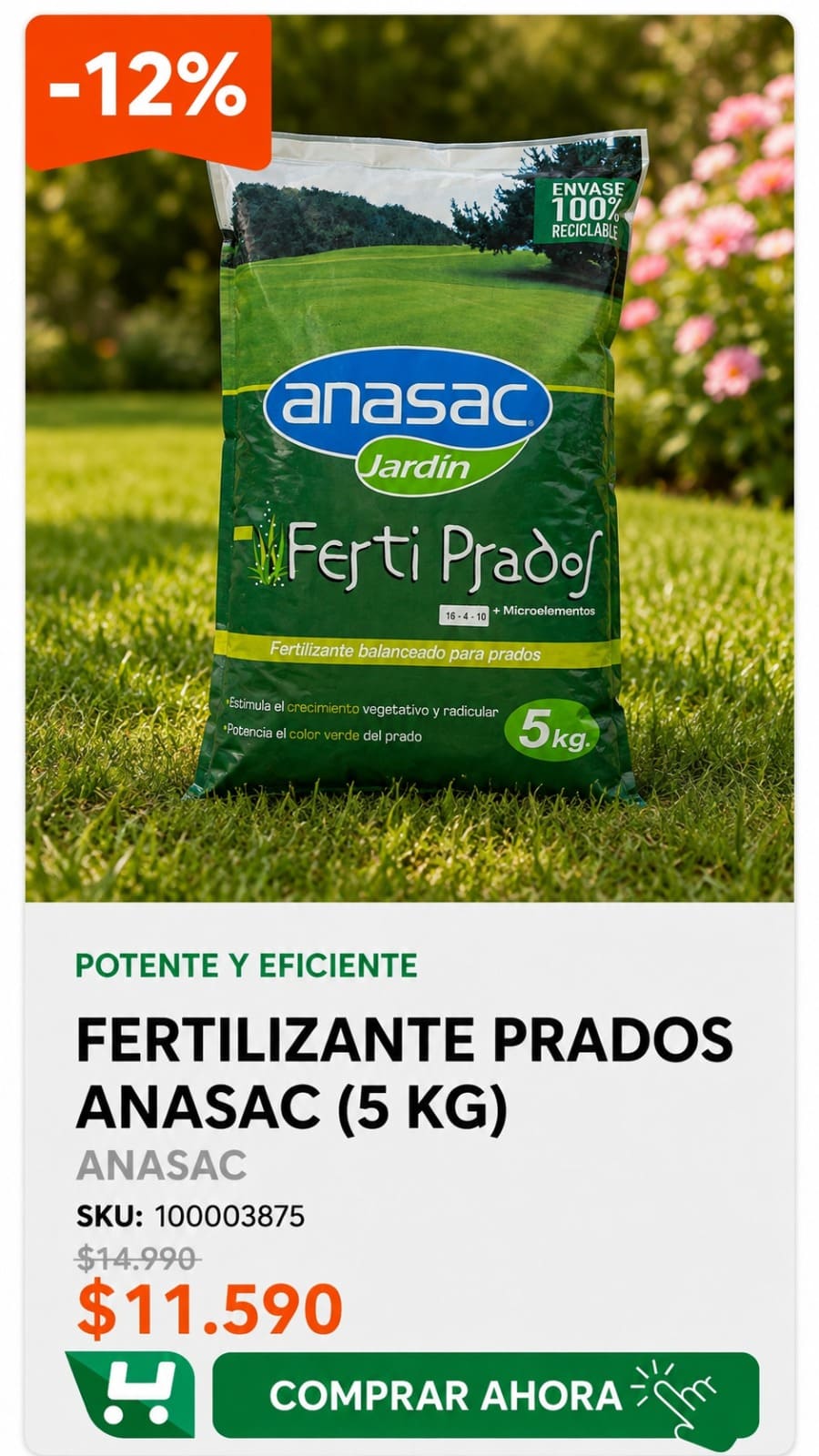 Fertilizante Prados Anasac (5 Kg) · SKU 100003875 · Ferti Prados granulado con NPK y microelementos para establecer y mantener el pasto. · Homevan