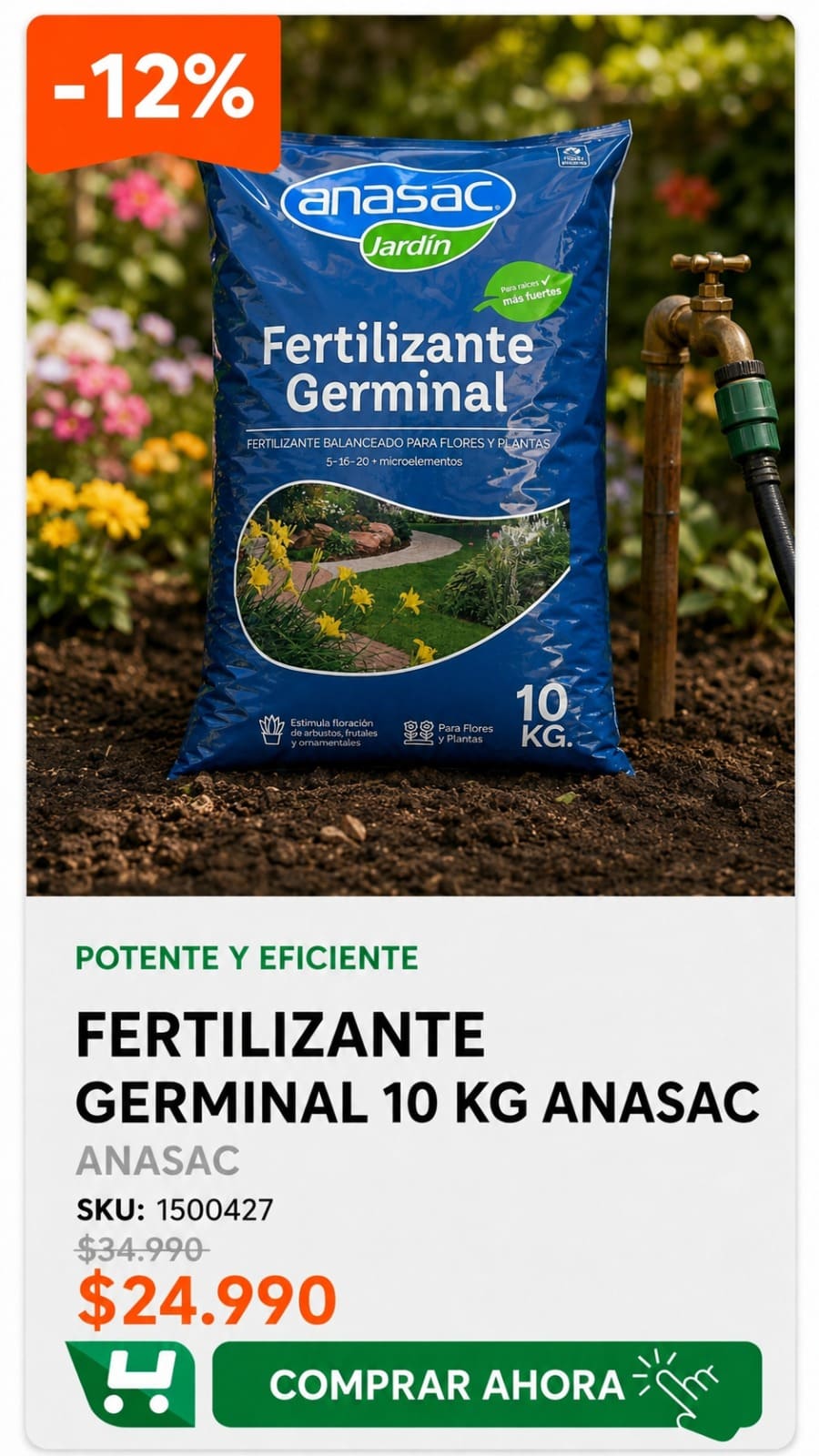Fertilizante Germinal 10 kg Anasac · SKU 1500427 · Fertilizante balanceado y completo para el desarrollo vegetativo. · Homevan