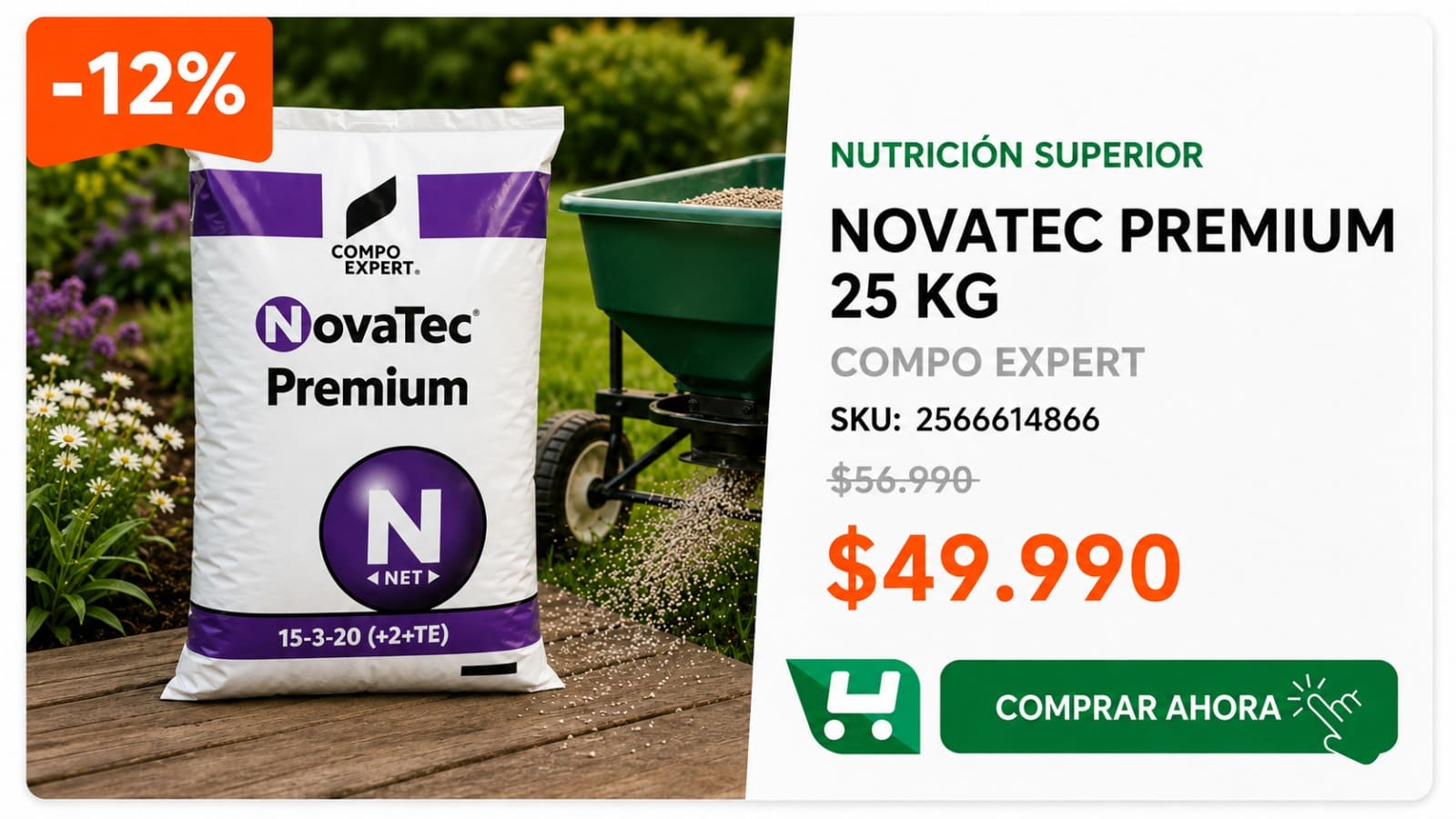 Novatec Premium 25 kg · SKU 2566614866 · Sulfato de potasio con inhibidor DMPP para entrega gradual de nitrógeno. · Homevan