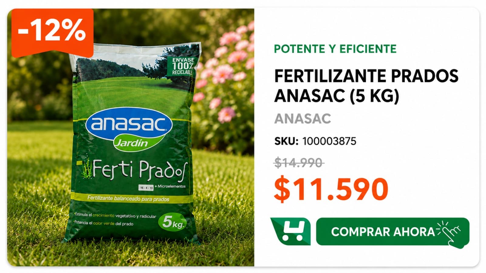 Fertilizante Prados Anasac (5 Kg) · SKU 100003875 · Ferti Prados granulado con NPK y microelementos para establecer y mantener el pasto. · Homevan