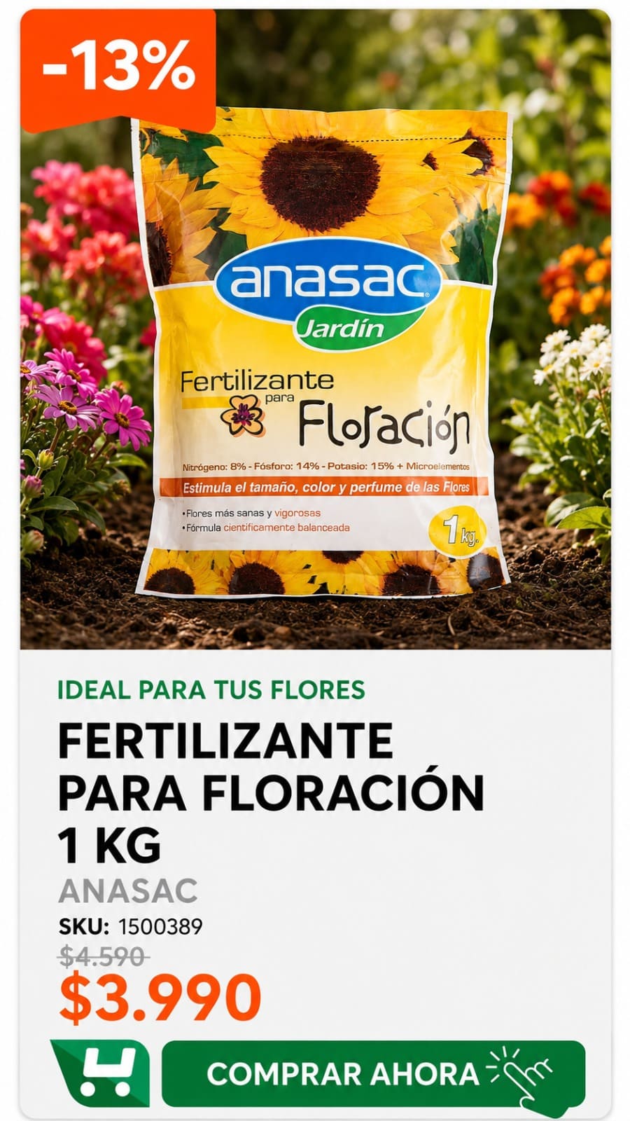 Ferilizante para floración 1 kg Anasac · SKU 1500389 · Mejora la producción, el color y el perfume de las flores. · Homevan
