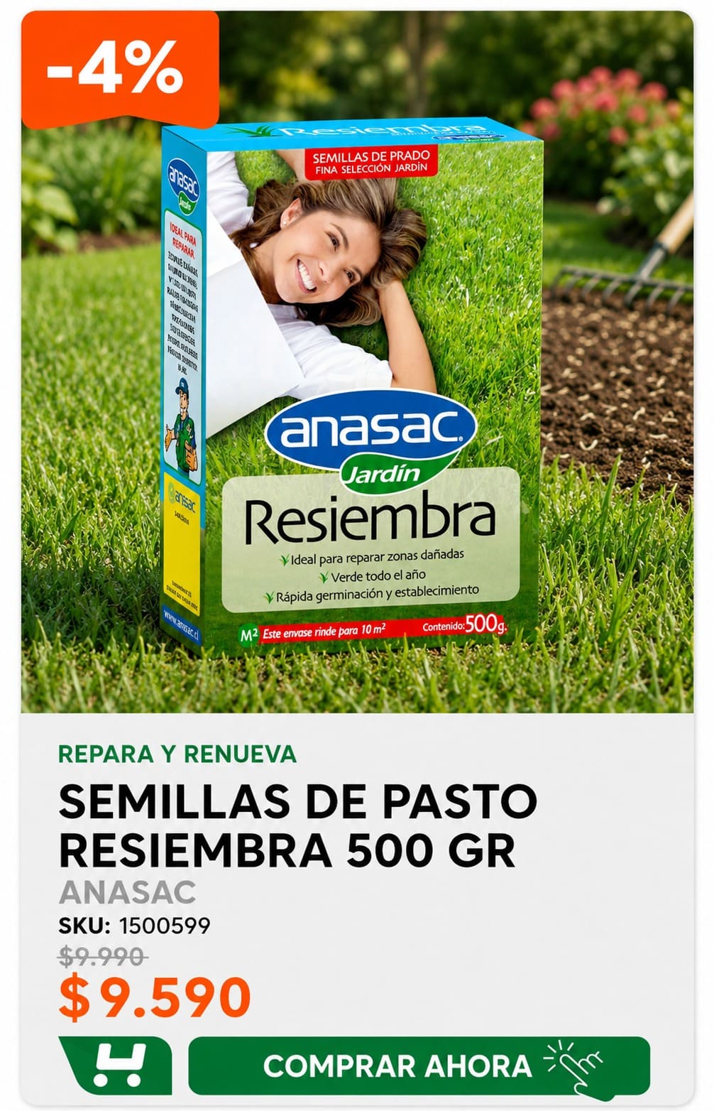 Semillas de pasto Resiembra 500 gr · SKU 1500599 · Lolium para resembrar prados en malas condiciones y cubrir las peladas del invierno. · Homevan