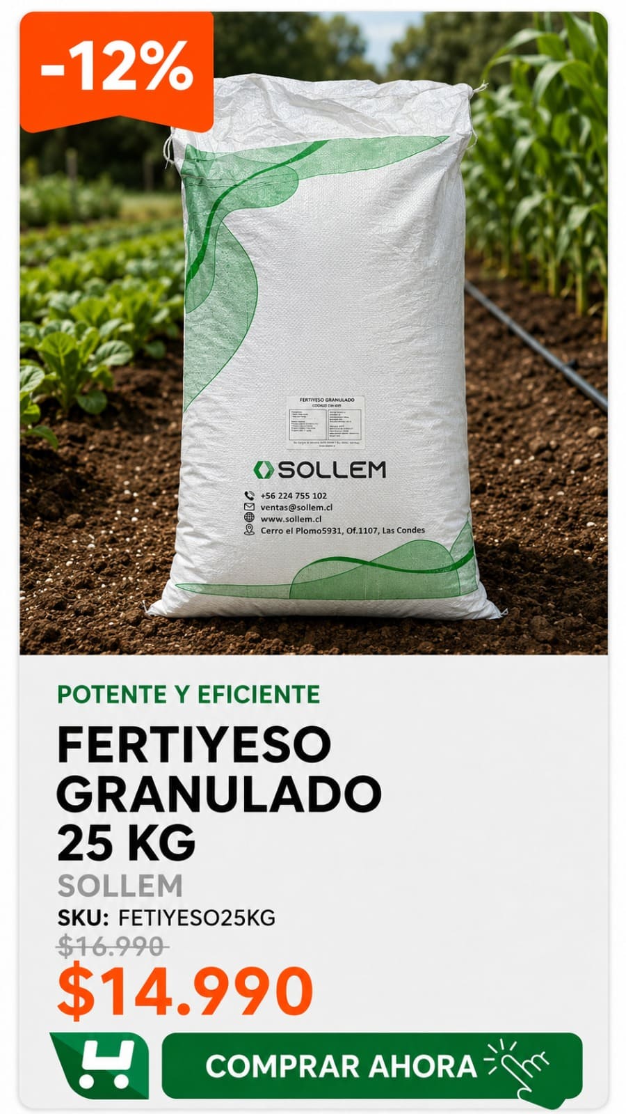 Fertiyeso granulado 25 kg · SKU FETIYESO25KG · Descompacta el suelo apelmazado y aporta calcio y azufre. · Homevan