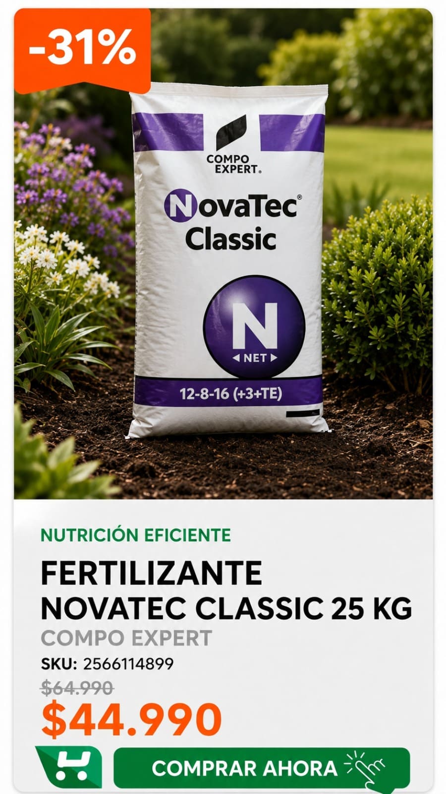Novatec Classic 25 kg COMPO EXPERT · SKU 2566114899 · NPK 12-8-16 (+3+TE) para cultivos con alta demanda de potasio. · Homevan