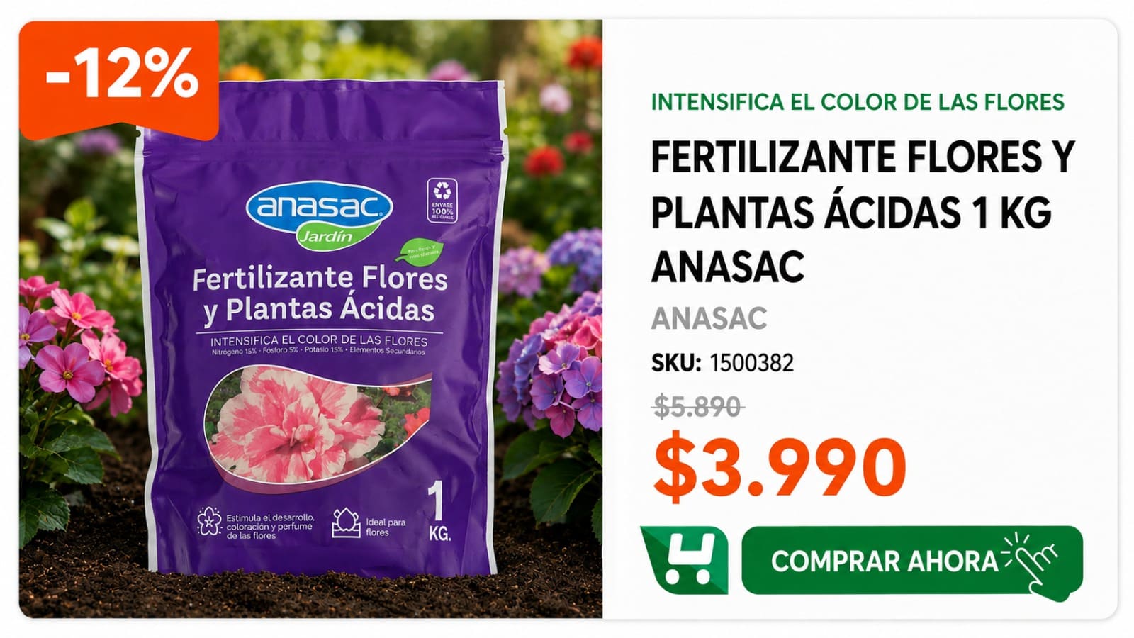 Fertilizante Flores y Plantas Ácidas 1 kg ANASAC · SKU 1500382 · Fertilizante para plantas acidófilas como hortensias, camelias y azaleas. · Homevan