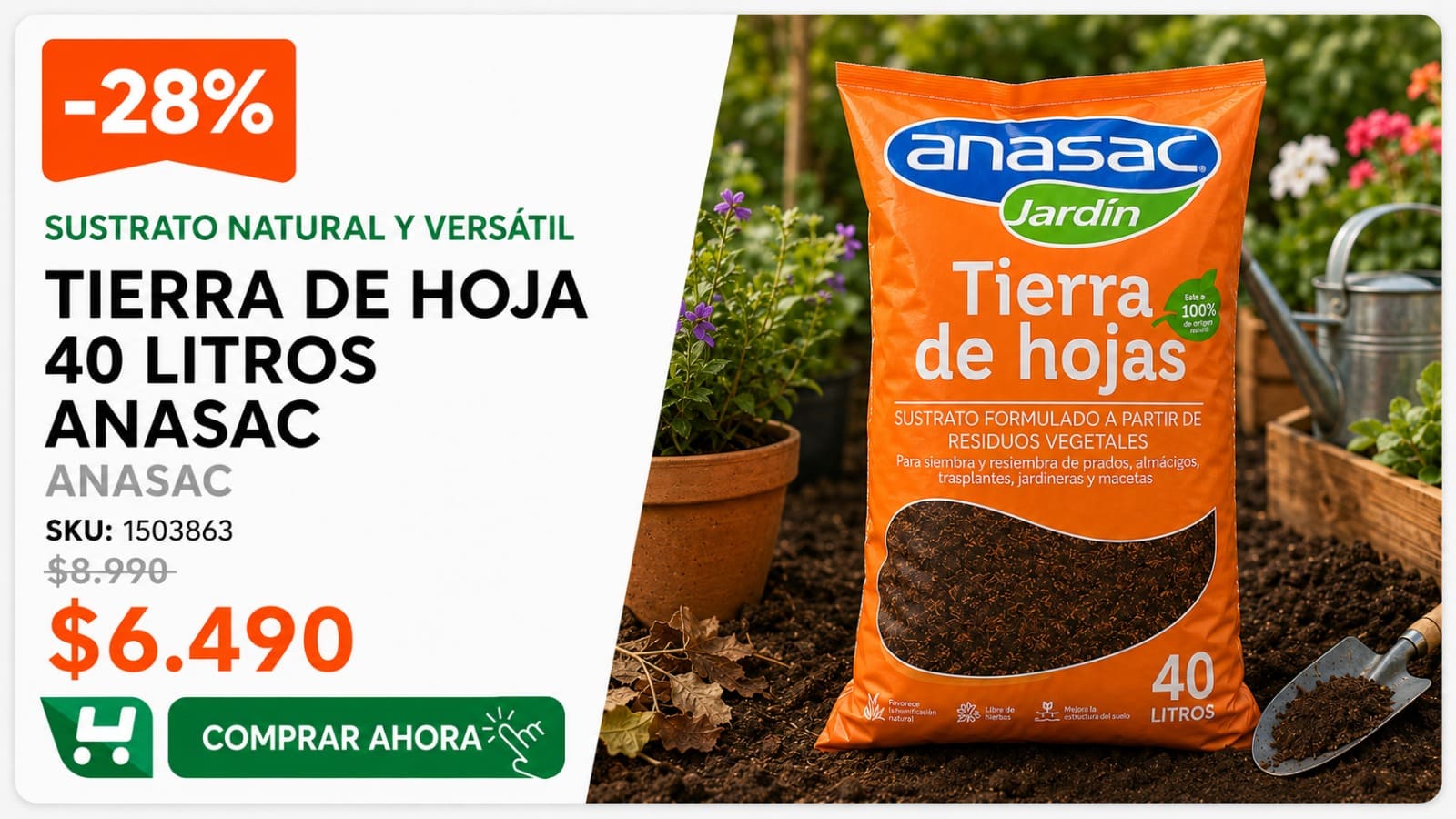 Tierra de Hoja 40 litros Anasac · SKU 1503863 · Sustrato de hojas compostadas que mejora cualquier suelo. · Homevan