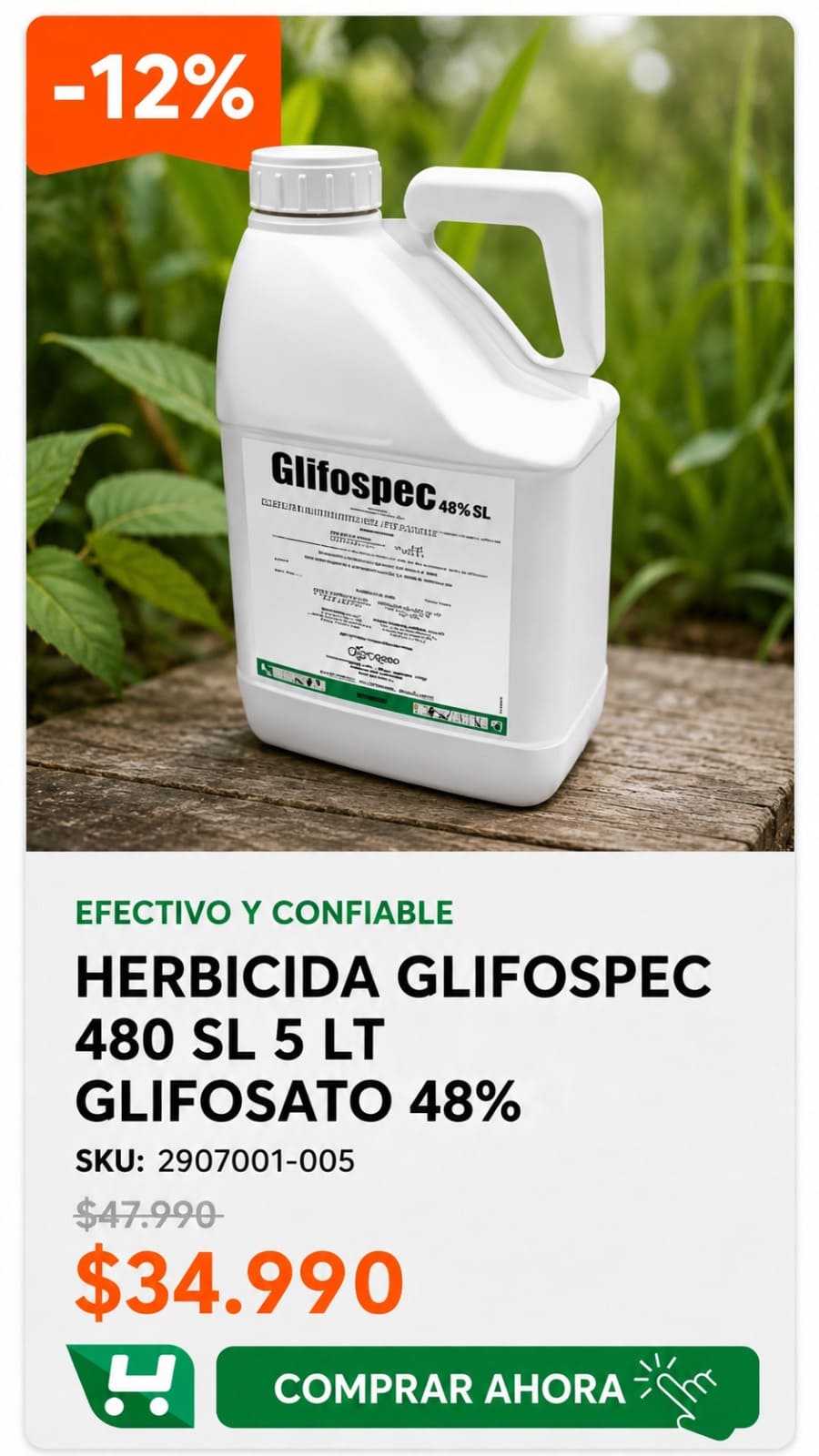 Herbicida Glifospec 480 Sl 5 Lt Glifosato 48% · SKU 2907001-005 · Herbicida sistémico no selectivo para malezas anuales y perennes. · Homevan