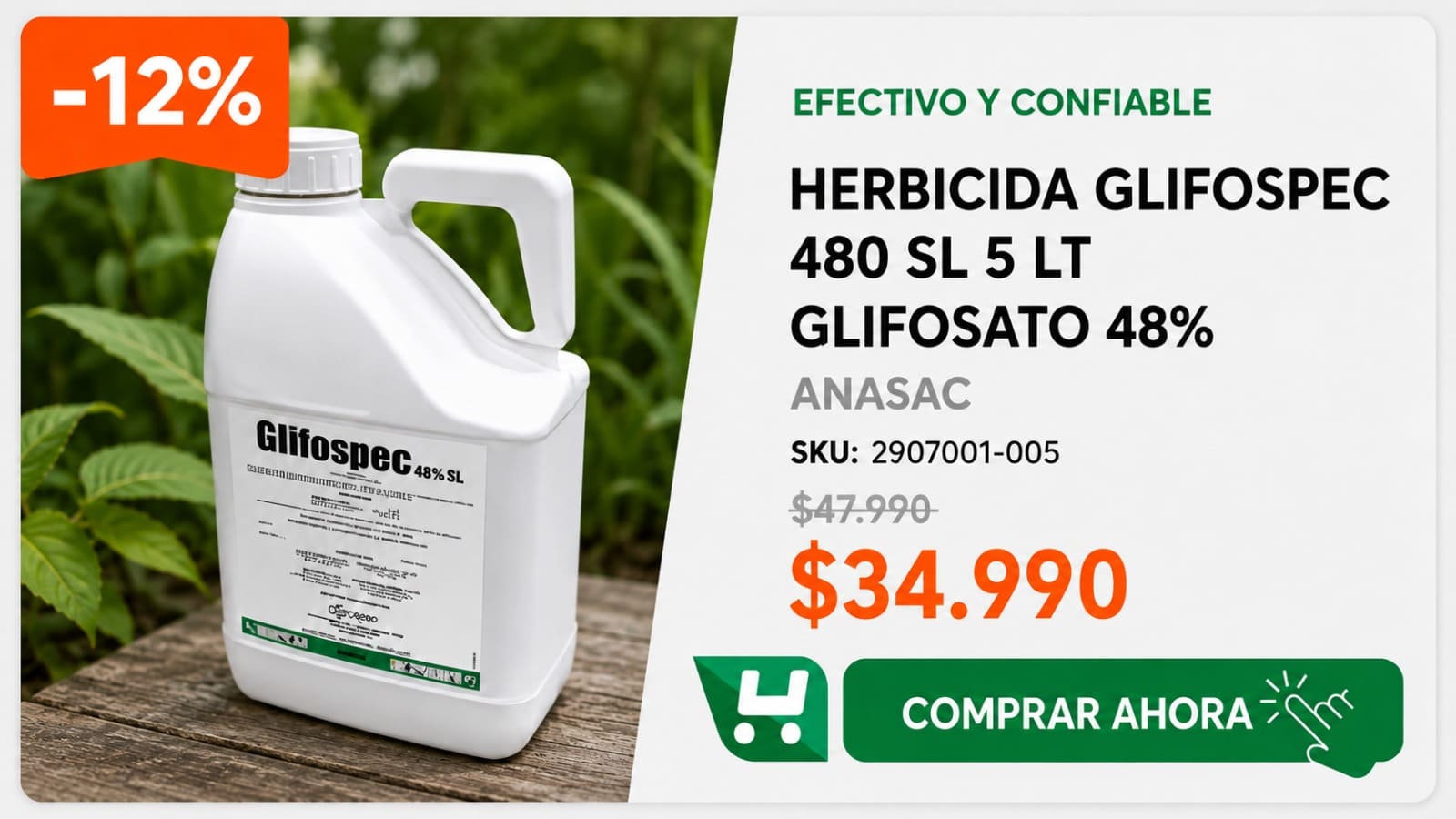 Herbicida Glifospec 480 Sl 5 Lt Glifosato 48% · SKU 2907001-005 · Herbicida sistémico no selectivo para malezas anuales y perennes. · Homevan