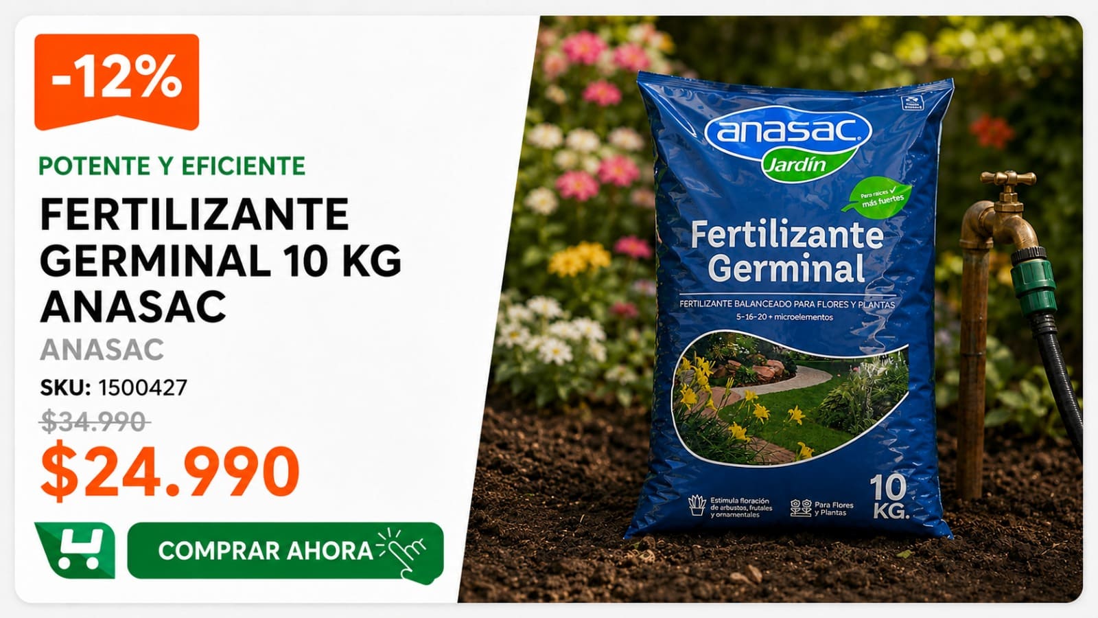 Fertilizante Germinal 10 kg Anasac · SKU 1500427 · Fertilizante balanceado y completo para el desarrollo vegetativo. · Homevan