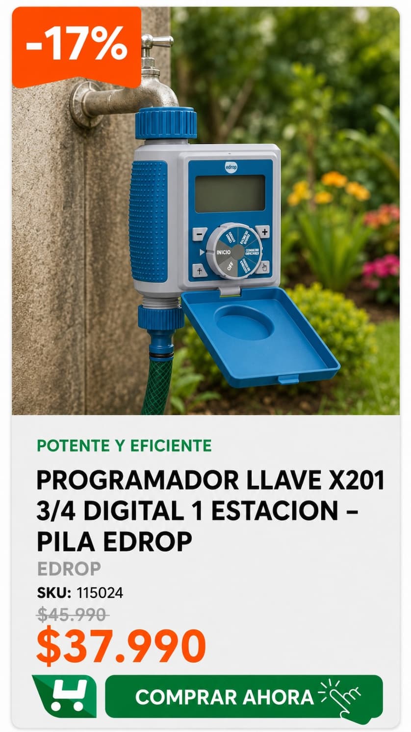 Programador Llave X201 3/4 Digital 1 Estacion " Pila Edrop · SKU 115024 · Programador de llave a pilas para 1 zona con riego de 5 segundos a 360 minutos. · Homevan