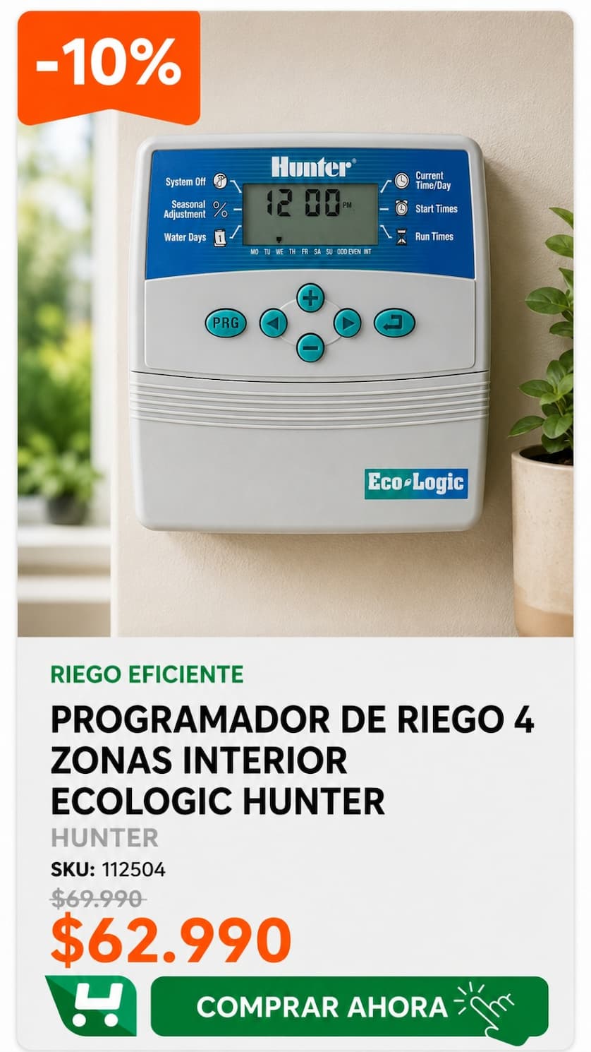 Programador de Riego 4 Zonas Interior ECOLOGIC HUNTER · SKU 112504 · Programador Hunter Eco-Logic interior de 4 zonas con programación por pulsador y Quick Check. · Homevan