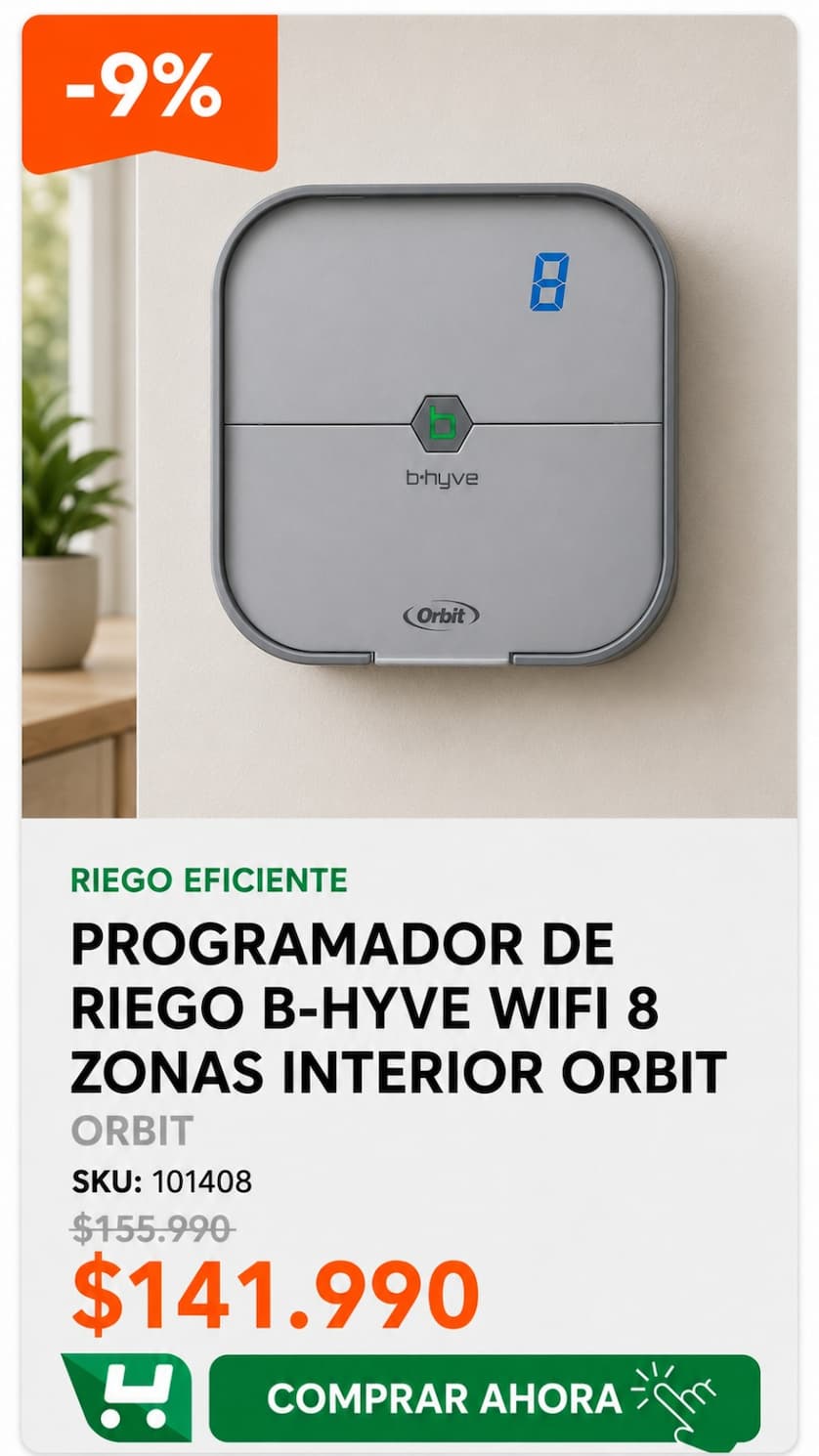 Programador De Riego B-Hyve Wifi 8 Zonas Interior Orbit · SKU 101408 · Programador WiFi con control por app para jardines de 8 sectores. · Homevan
