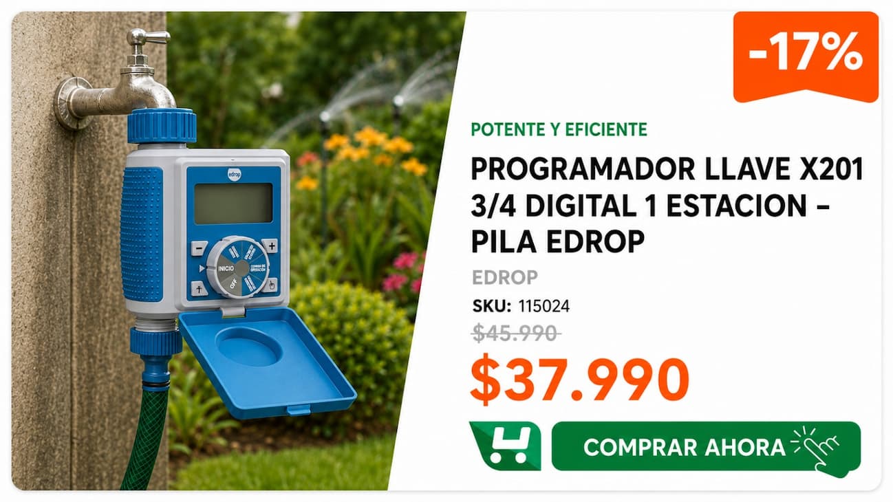 Programador Llave X201 3/4 Digital 1 Estacion " Pila Edrop · SKU 115024 · Programador de llave a pilas para 1 zona con riego de 5 segundos a 360 minutos. · Homevan
