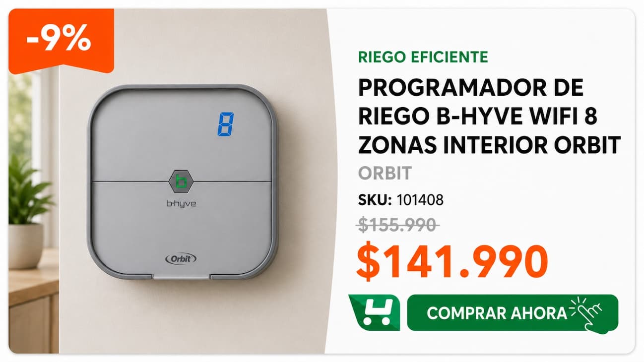 Programador De Riego B-Hyve Wifi 8 Zonas Interior Orbit · SKU 101408 · Programador WiFi con control por app para jardines de 8 sectores. · Homevan