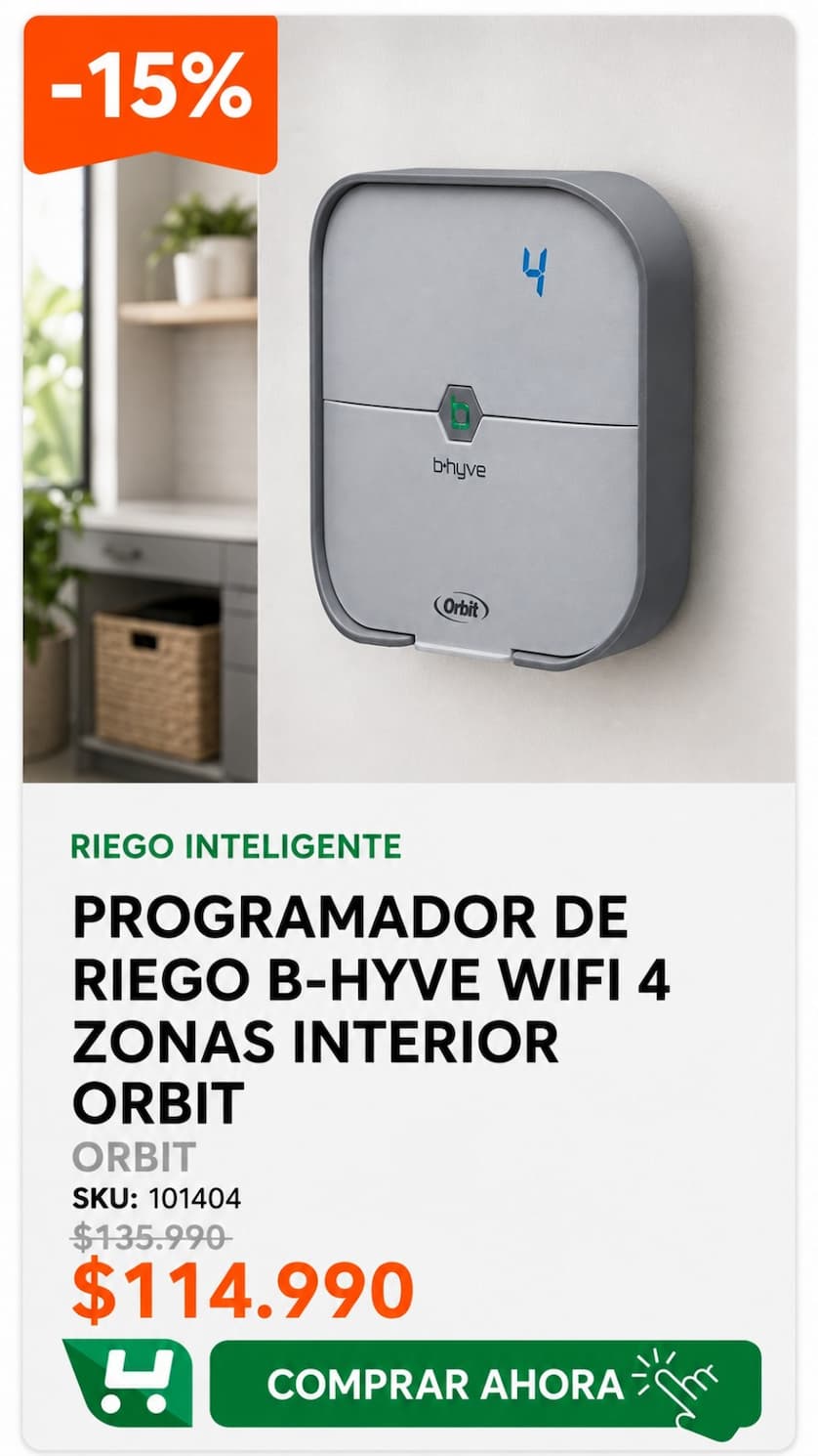 Programador De Riego B-Hyve Wifi 4 Zonas Interior Orbit · SKU 101404 · Programador WiFi de 4 zonas con control desde el celular mediante app para Android o iOS. · Homevan