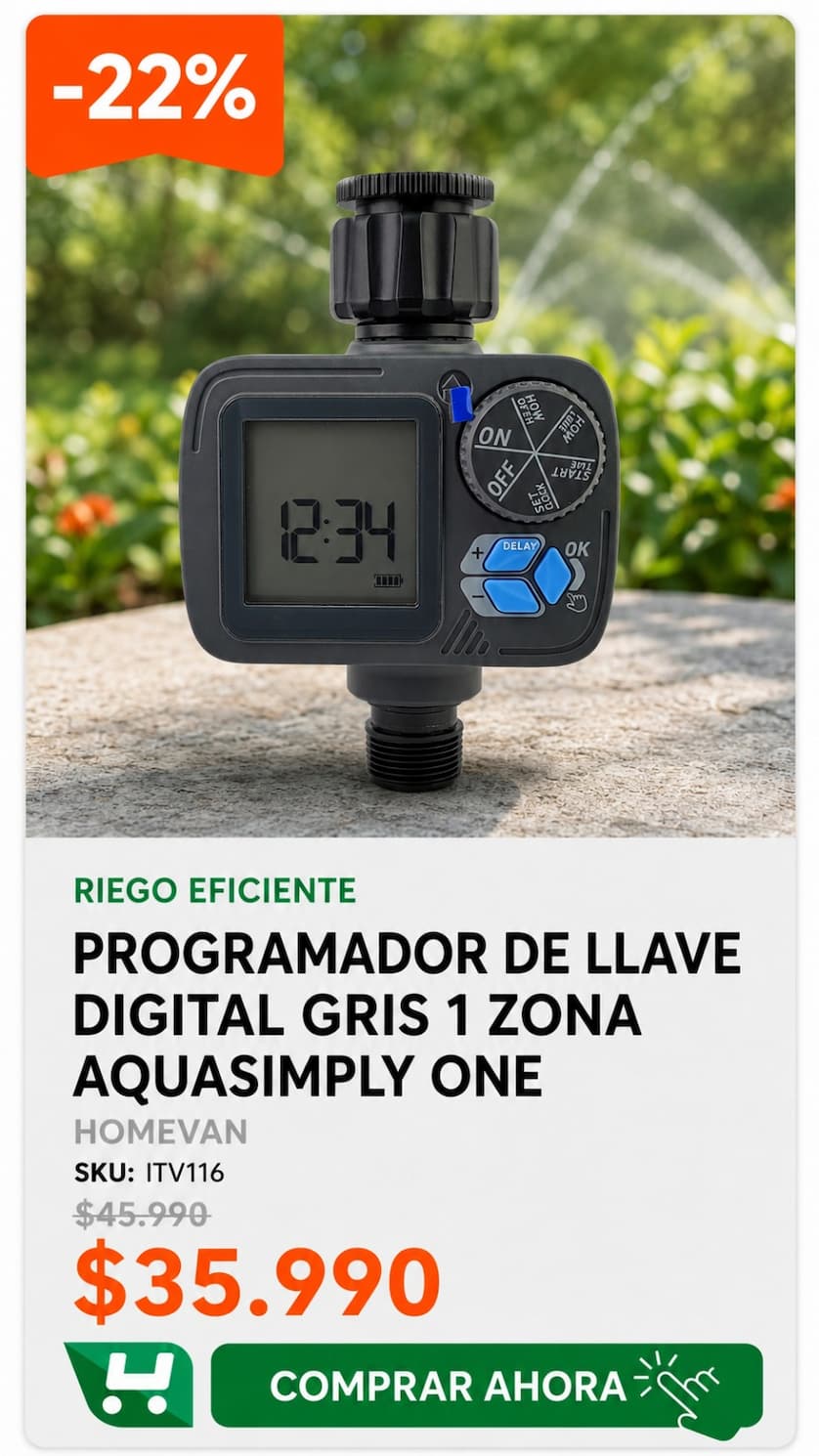 Programador Llave Digital Gris 1 Zona Aquasimply One Homevan · Programador digital de riego para 1 zona · Homevan