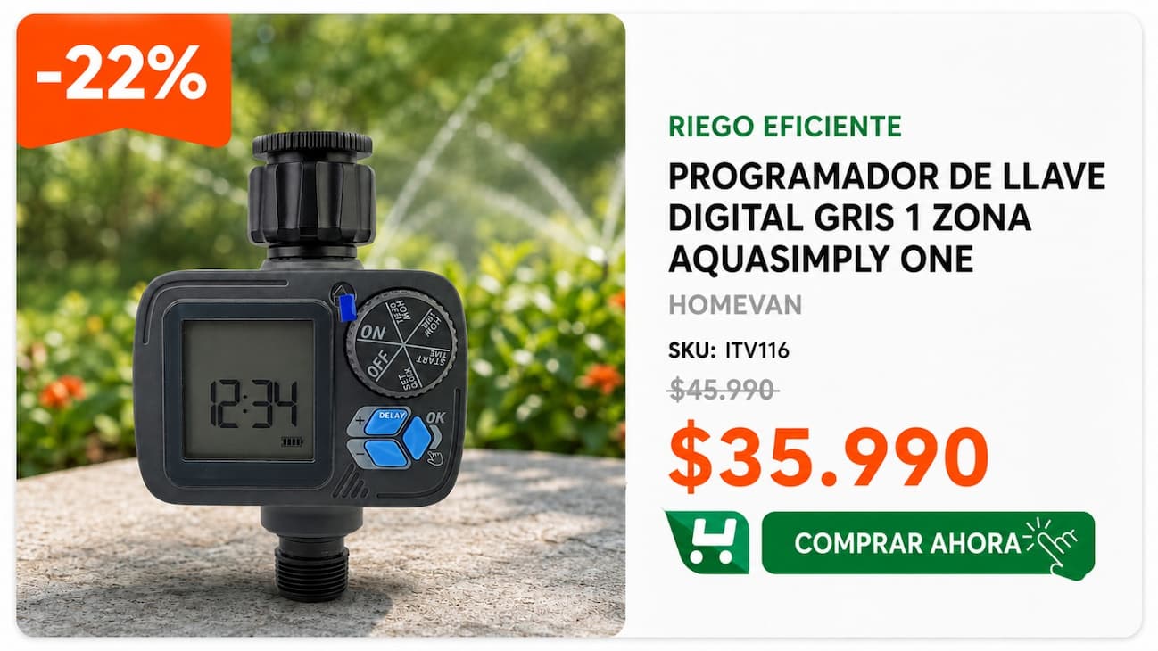 Programador Llave Digital Gris 1 Zona Aquasimply One Homevan · Programador digital de riego para 1 zona · Homevan