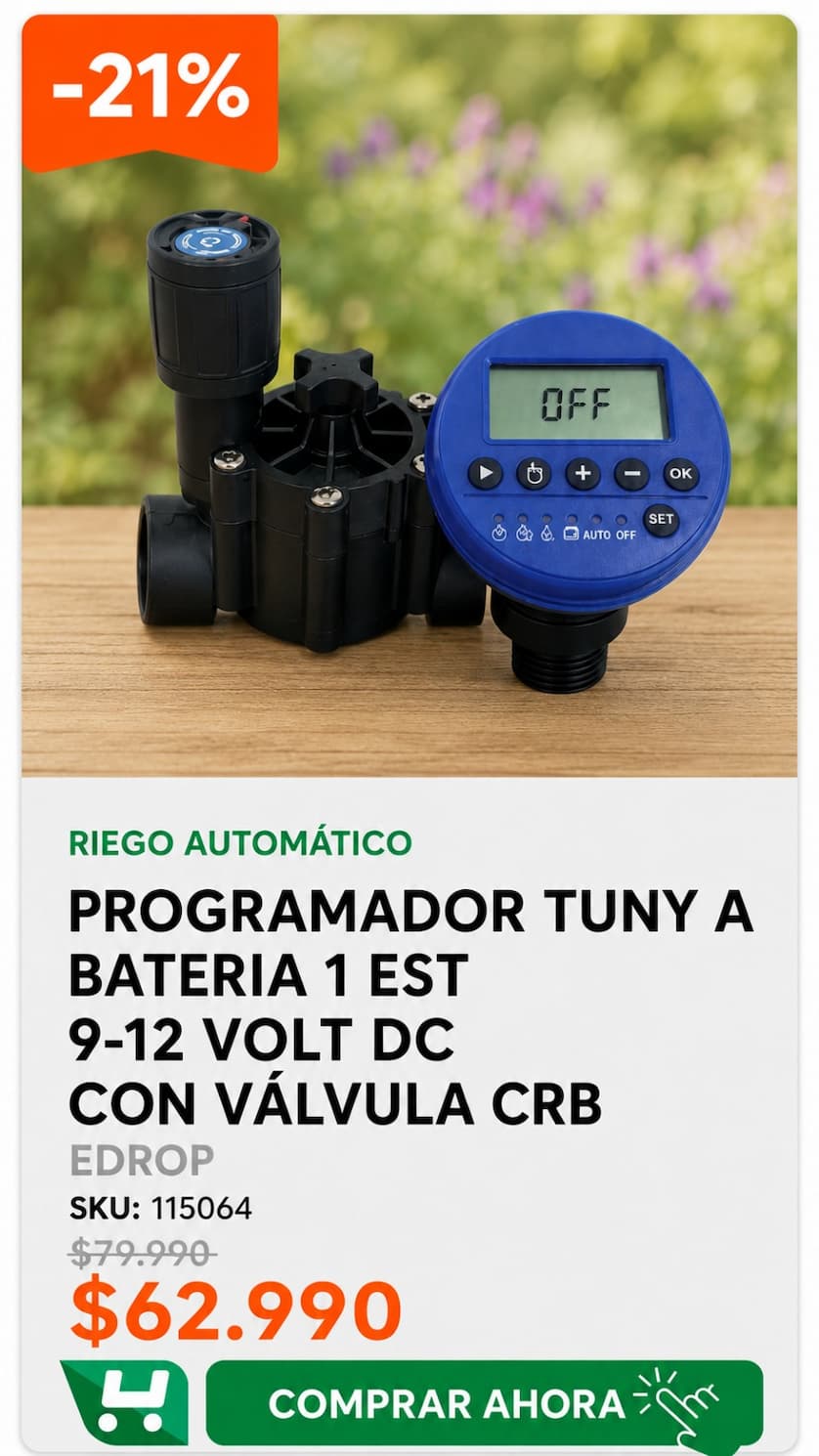 Programador Tuny A Bateria 1 Est 9-12 Volt Dc Con Válvula Crb " Edrop · SKU 115064 · Programador a batería de una estación con válvula incluida y 2 programas de riego. · Homevan
