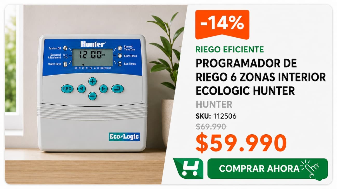 Programador De Riego 6 Zonas Interior Ecologic Hunter · SKU 112506 · Programador Hunter Eco-Logic interior para 6 sectores de riego. · Homevan
