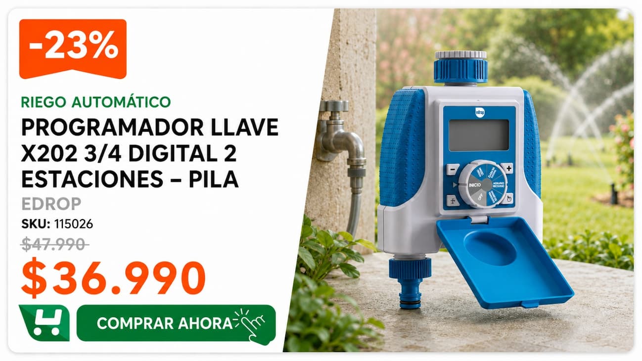 Programador Llave X202 3/4 Digital 2 Estaciones " Pila Edrop · SKU 115026 · Programador de llave a pilas para 2 zonas con retraso por lluvia de 24, 48 o 72 horas. · Homevan