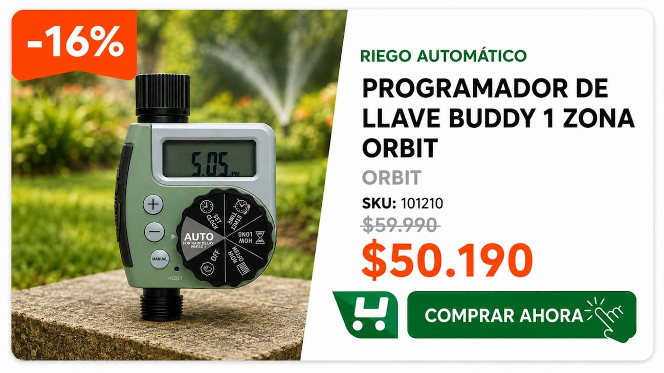 Programador De Llave Buddy 1 Zona Orbit · SKU 101210 · Programador automático de 1 zona que se instala directamente en el grifo. · Homevan