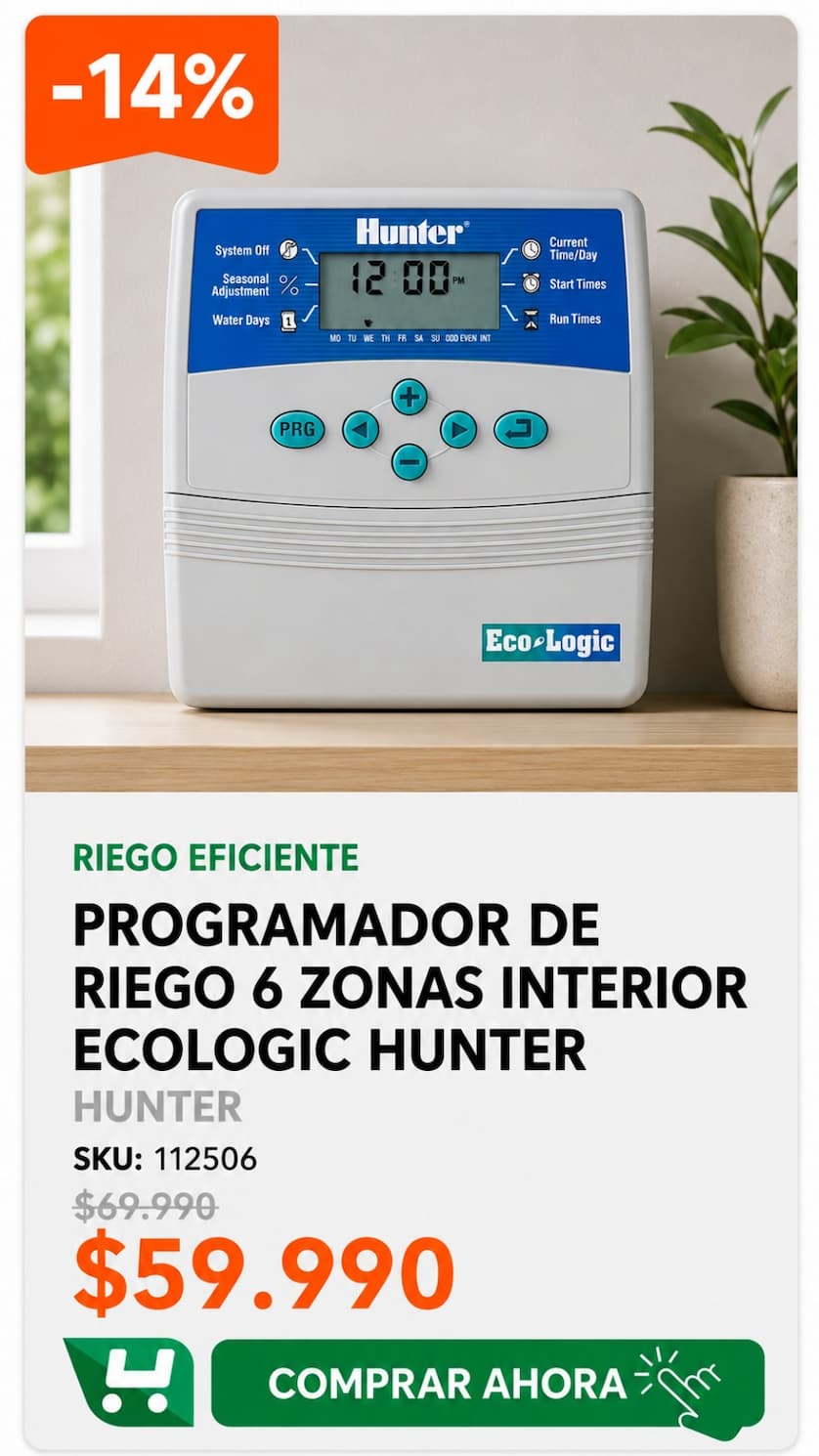 Programador De Riego 6 Zonas Interior Ecologic Hunter · SKU 112506 · Programador Hunter Eco-Logic interior para 6 sectores de riego. · Homevan