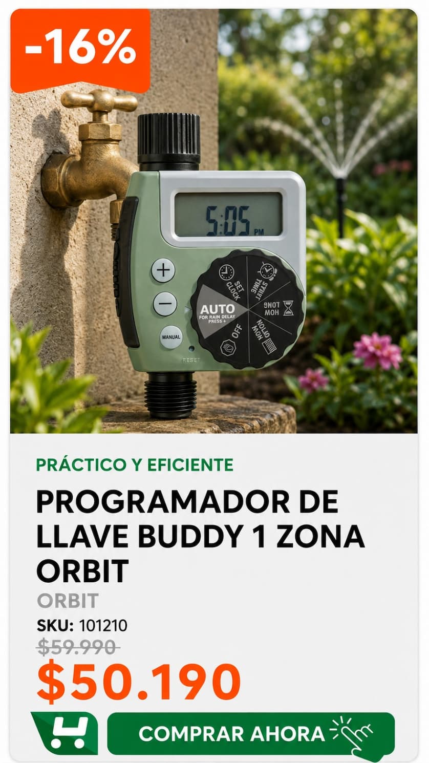 Programador De Llave Buddy 1 Zona Orbit · SKU 101210 · Programador automático de 1 zona que se instala directamente en el grifo. · Homevan