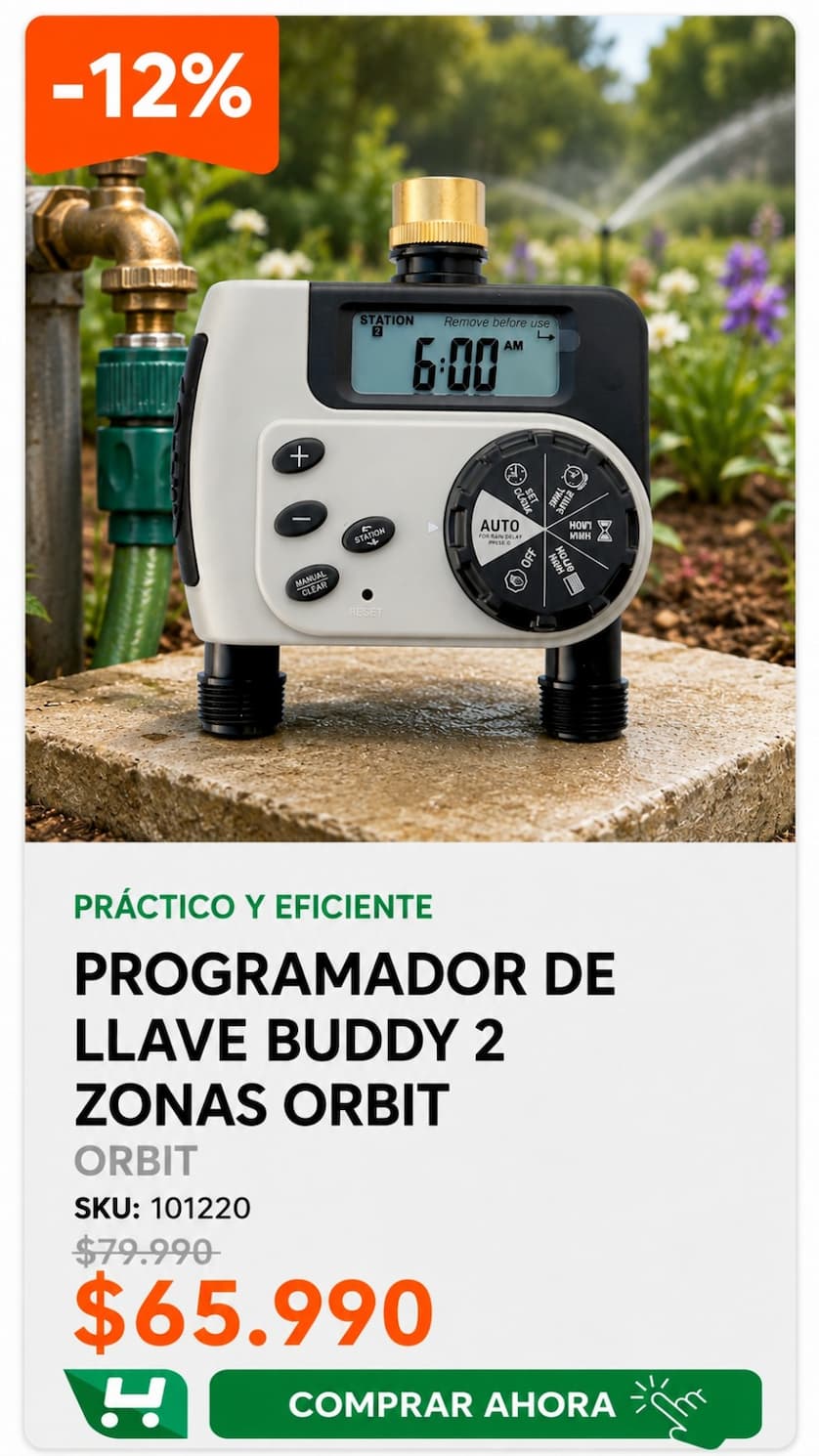 Programador De Llave Buddy 2 Zonas Orbit · SKU 101220 · Programador con dos salidas independientes desde una sola llave. · Homevan