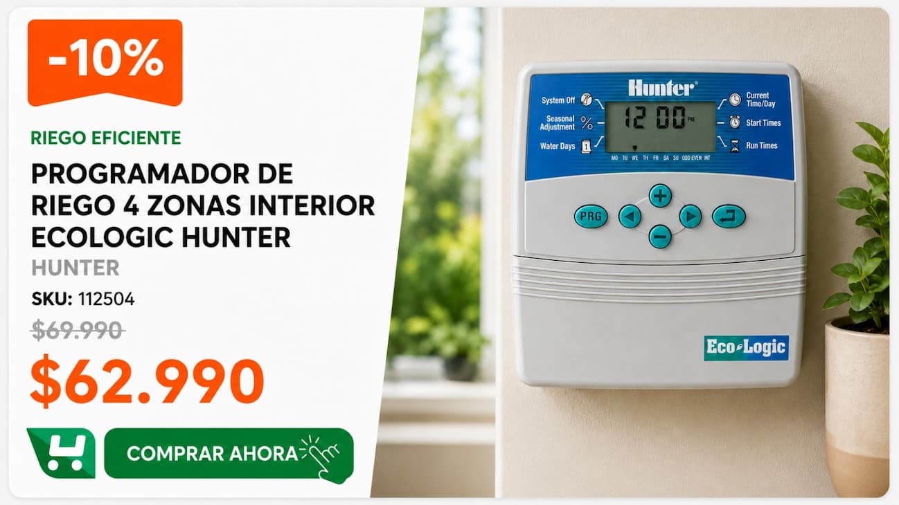 Programador de Riego 4 Zonas Interior ECOLOGIC HUNTER · SKU 112504 · Programador Hunter Eco-Logic interior de 4 zonas con programación por pulsador y Quick Check. · Homevan