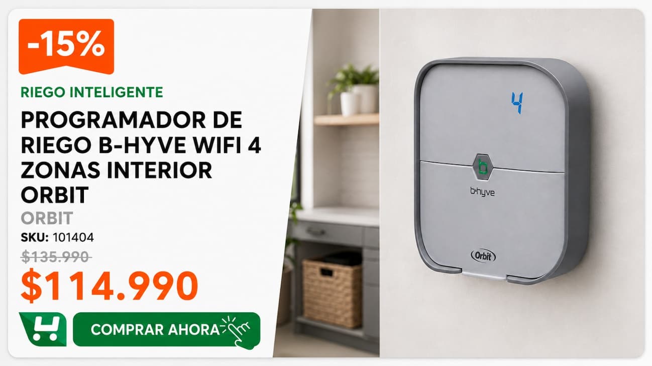 Programador De Riego B-Hyve Wifi 4 Zonas Interior Orbit · SKU 101404 · Programador WiFi de 4 zonas con control desde el celular mediante app para Android o iOS. · Homevan
