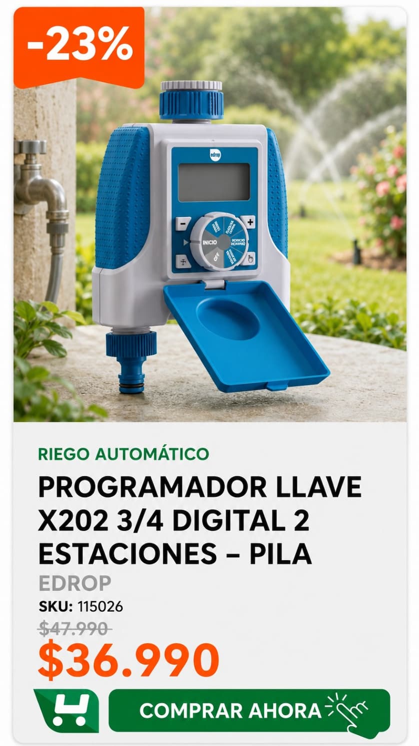 Programador Llave X202 3/4 Digital 2 Estaciones " Pila Edrop · SKU 115026 · Programador de llave a pilas para 2 zonas con retraso por lluvia de 24, 48 o 72 horas. · Homevan